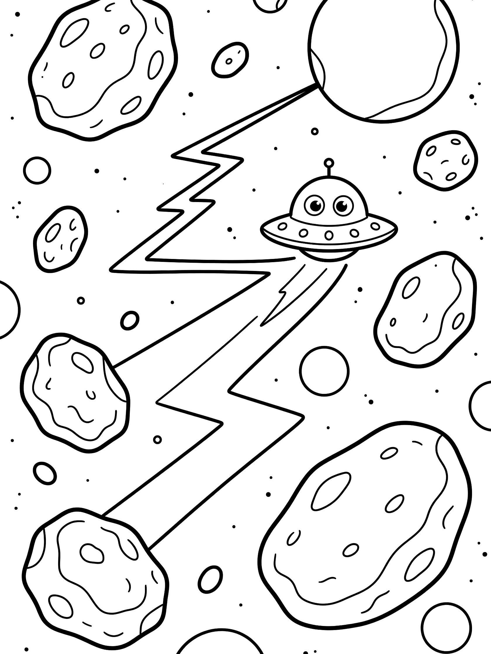 Black and white line art coloring page showing a cute space invader UFO ship with eyes dodging large asteroids among stars and planets in outer space.