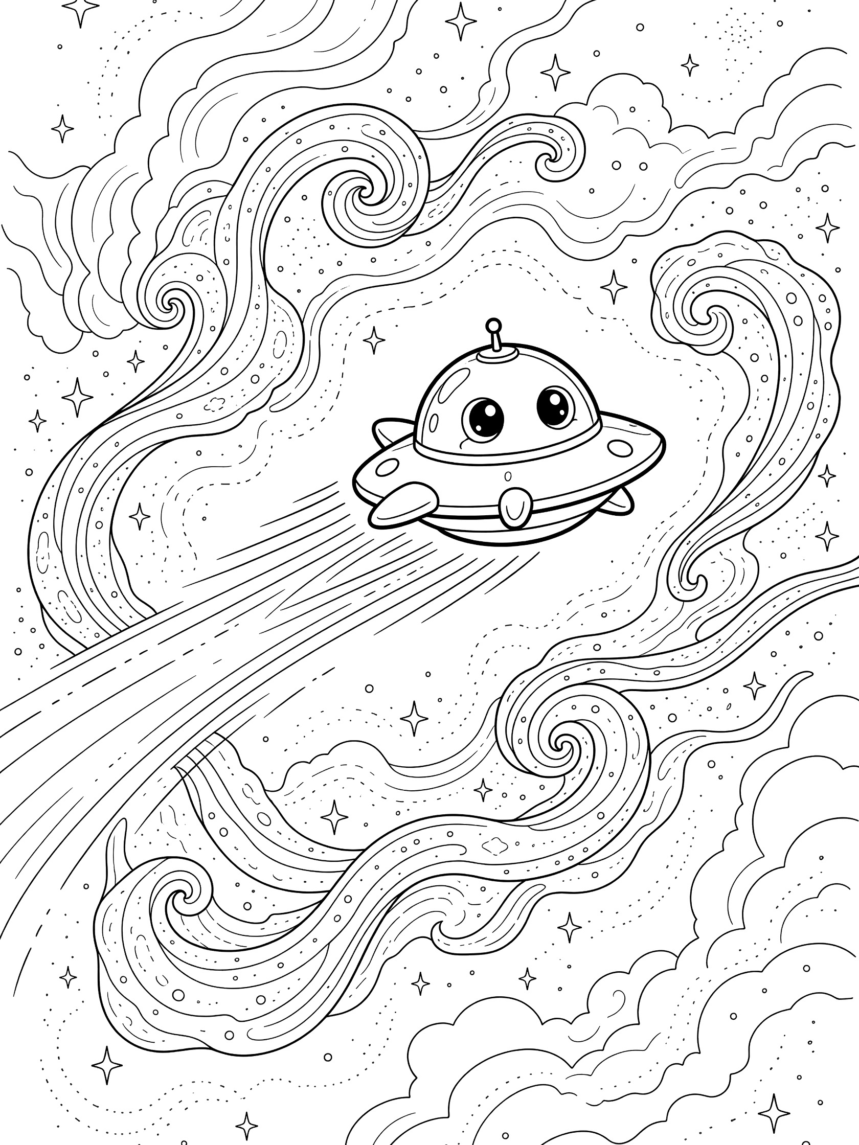 Kawaii style Space Invader UFO ship racing forward with speed trails, dodging swirling nebula tendrils and stars in detailed line art.