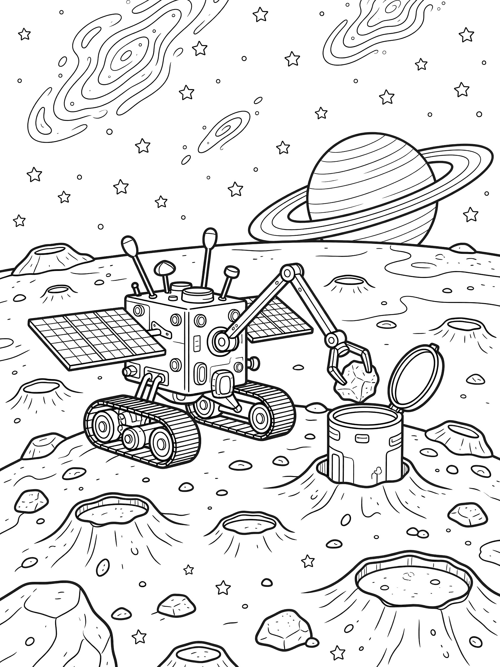 Line art coloring page showing a sturdy space probe landed on gray asteroid surface, extending long arm to collect sparkling rock into pod, with rolling treads, folded solar wings, antennas, craters, boulders, stars, nebulae, and ringed planet.