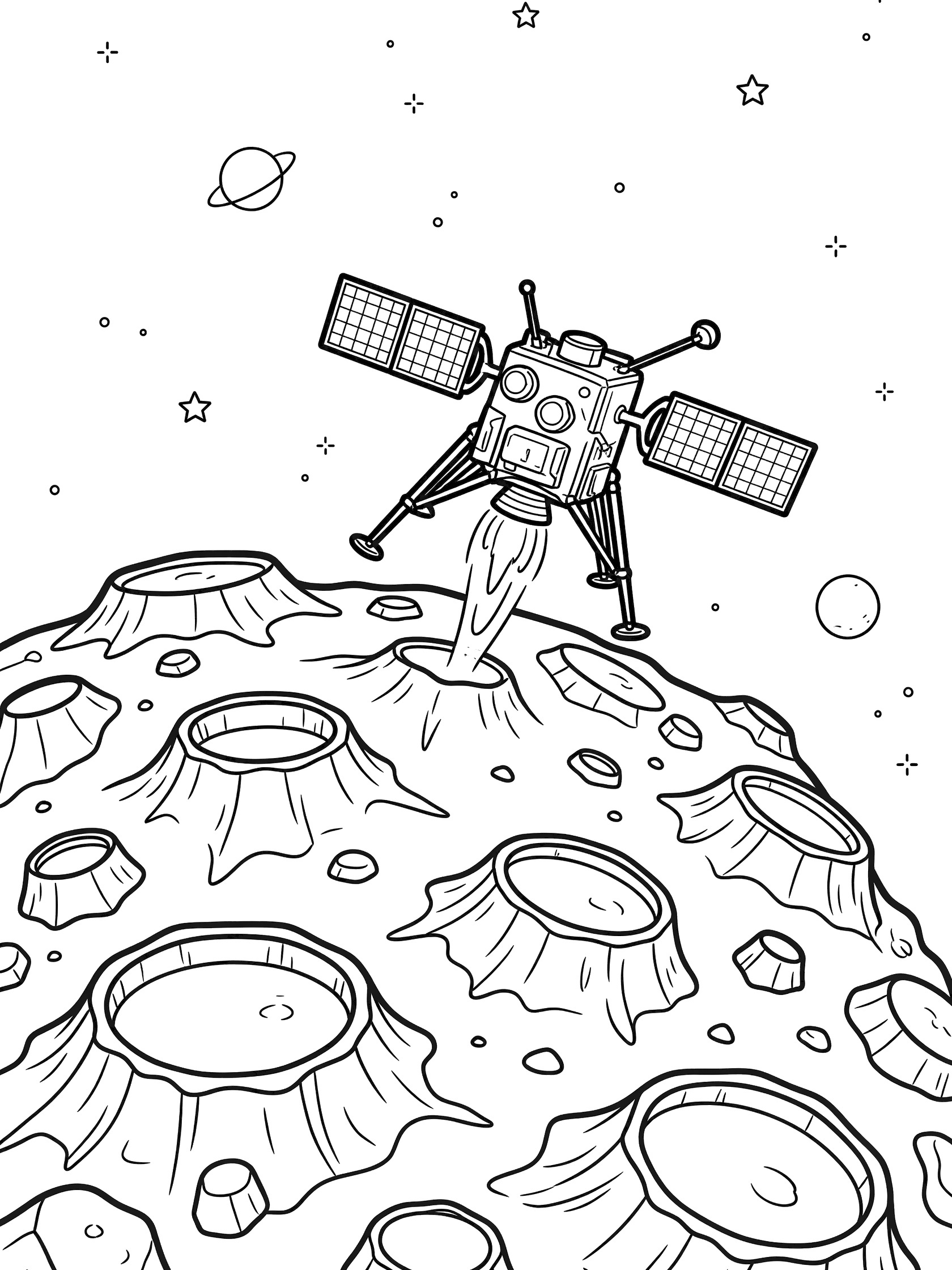 Black and white line art coloring page showing a space probe landing on a rocky asteroid with craters, extended legs, solar panels, antennas, thruster flames, starry sky, and distant planets.
