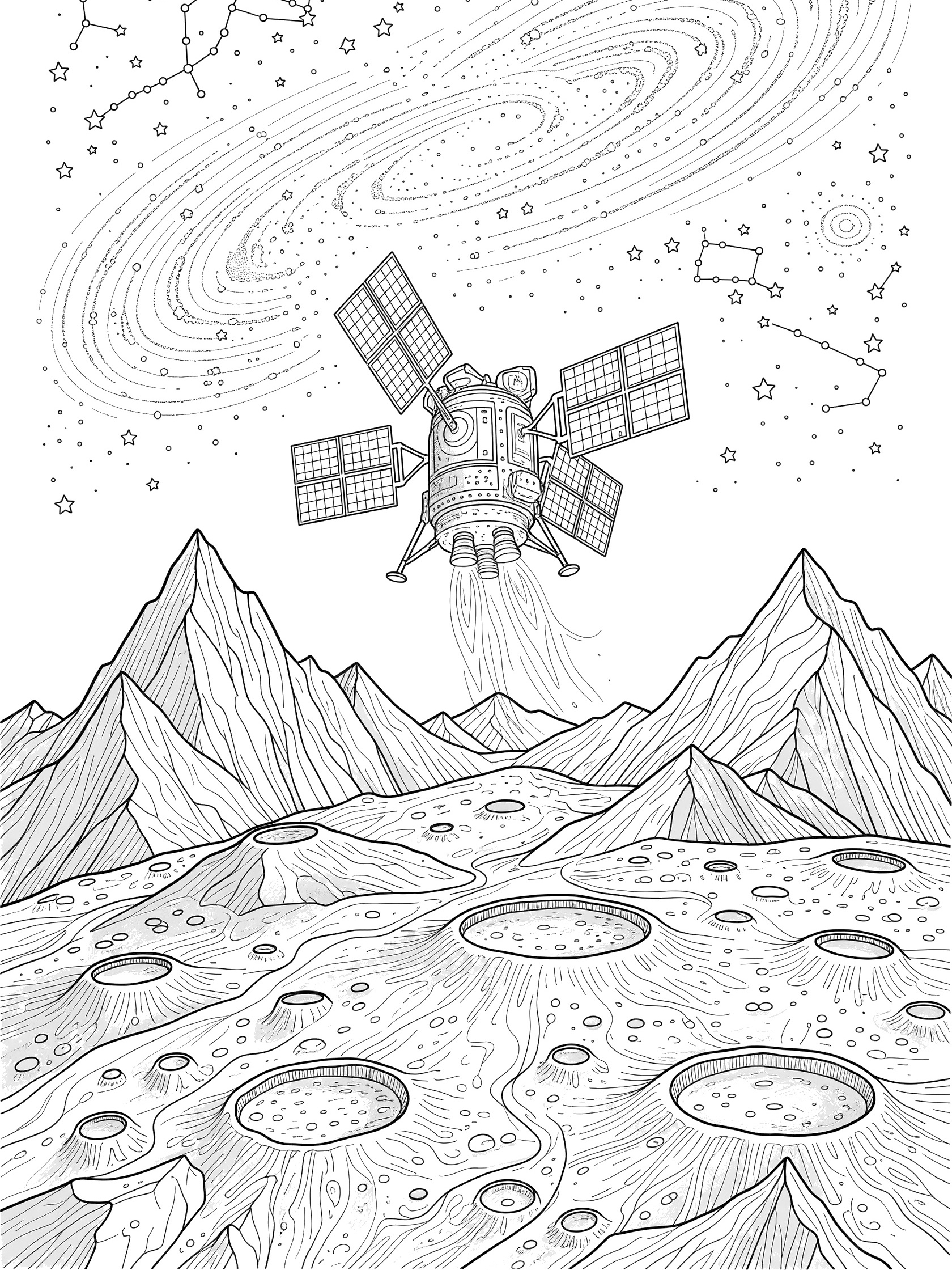 Black and white line art of a space probe landing on Mercury's jagged mountains and craters, solar panels out, thrusters firing, starry galaxy background.