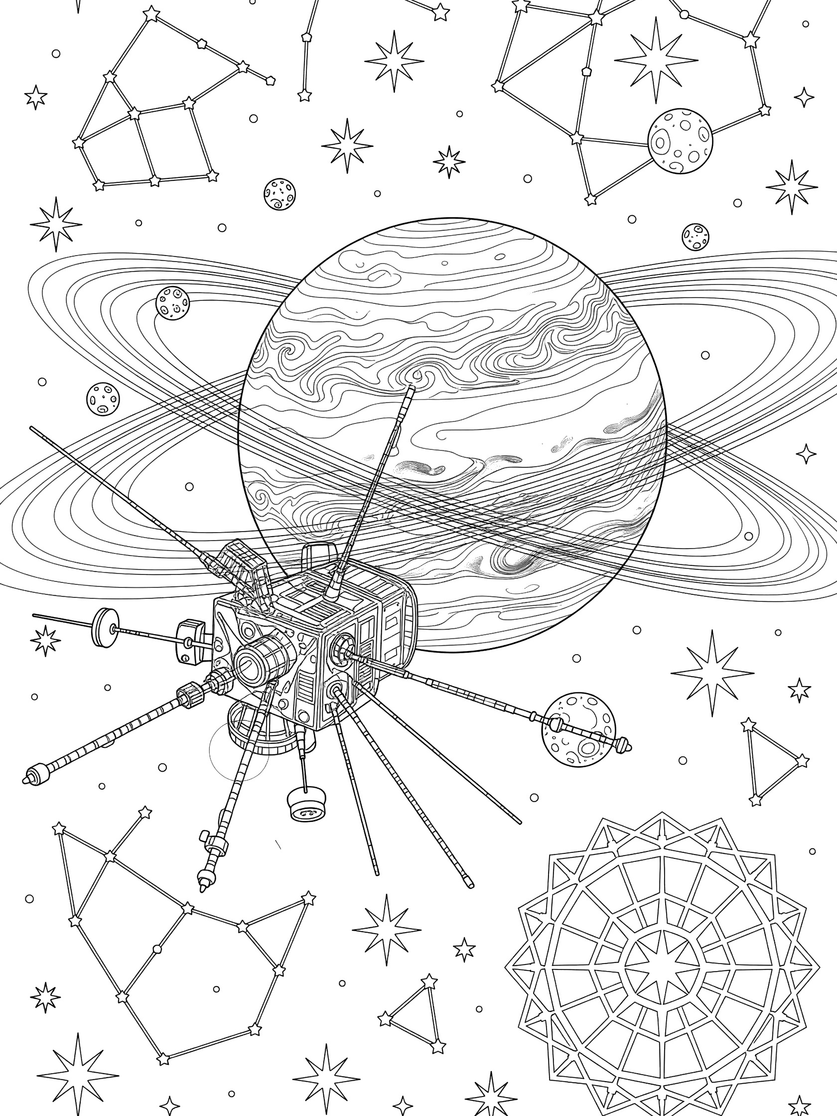 Black-and-white coloring page of a space probe with antennas near Uranus planet showing bands and rings, moons, stars, and geometric patterns.