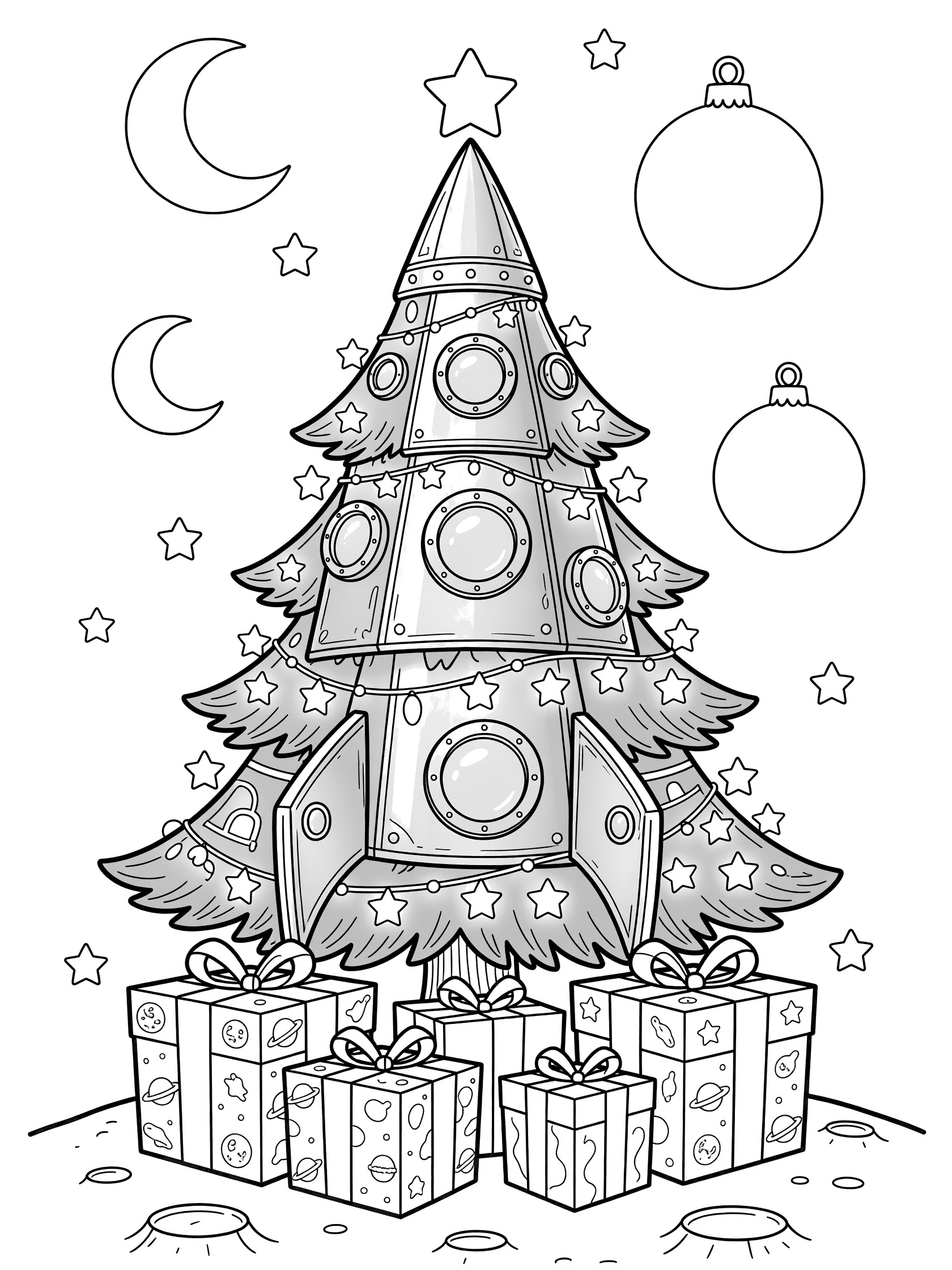 Black and white line art of a Christmas tree rocket on the moon with stars, ornaments, and gift boxes for coloring. christmas tree presents themed black and white printable line art