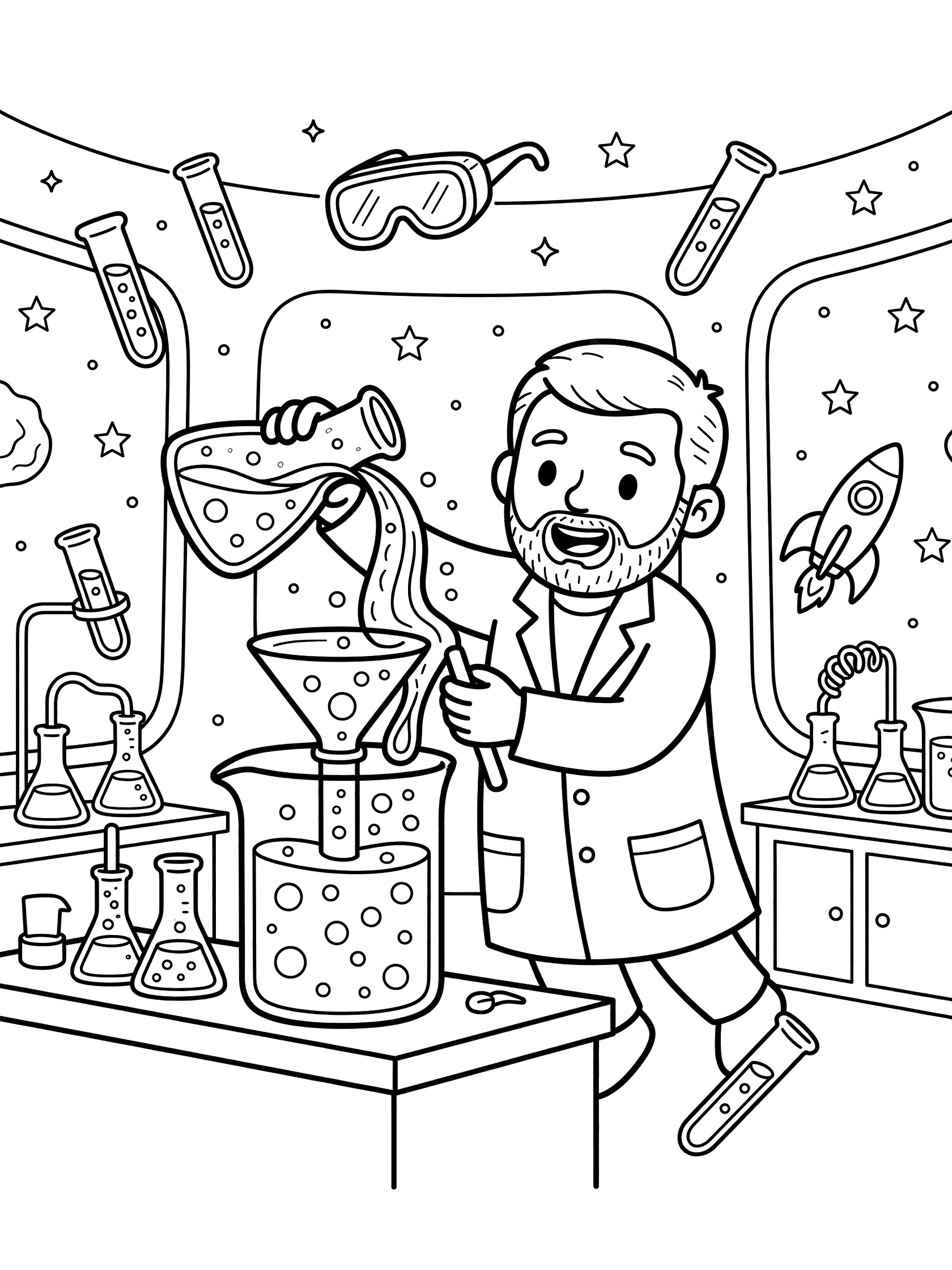 Line art coloring page showing a scientist in a space lab pouring colorful liquid through a tall funnel into a bubbling beaker, with floating test tubes, goggles, and a rocket model.