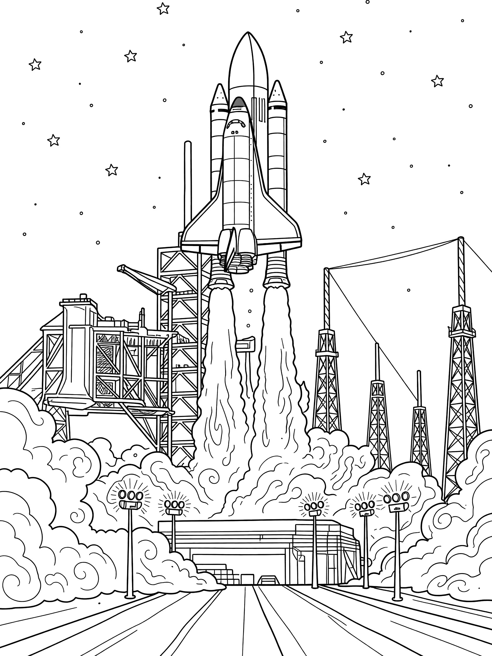 Line art coloring page showing Space Shuttle blasting upward from launch pad with engine flames, smoke clouds, support towers, spotlights and stars in night sky