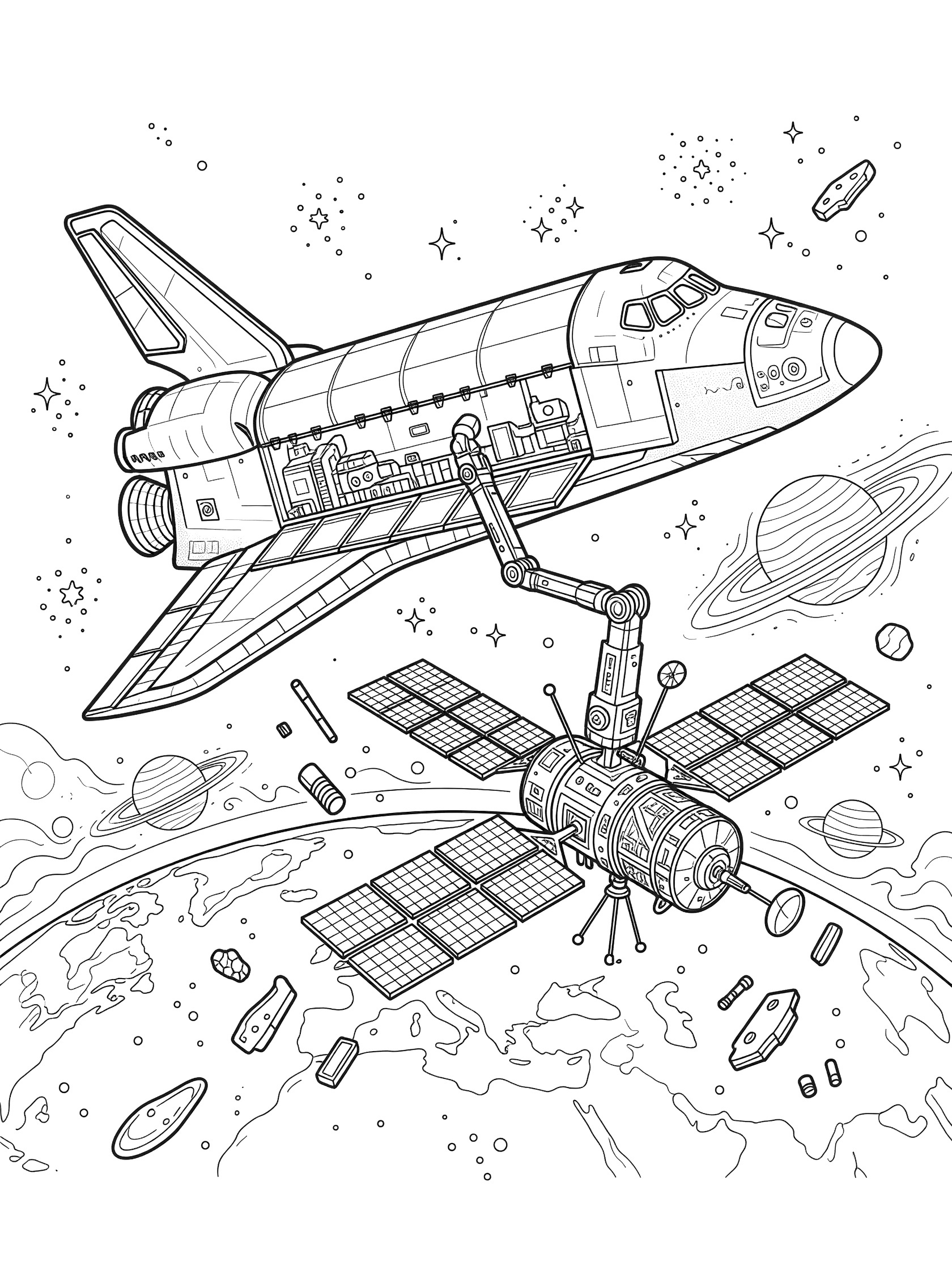 Black and white line art coloring page showing a space shuttle with open cargo bay doors and robotic arm deploying a satellite with unfolding solar panels, antennas, thrusters, wings, Earth, planets, stars, and floating debris in space.