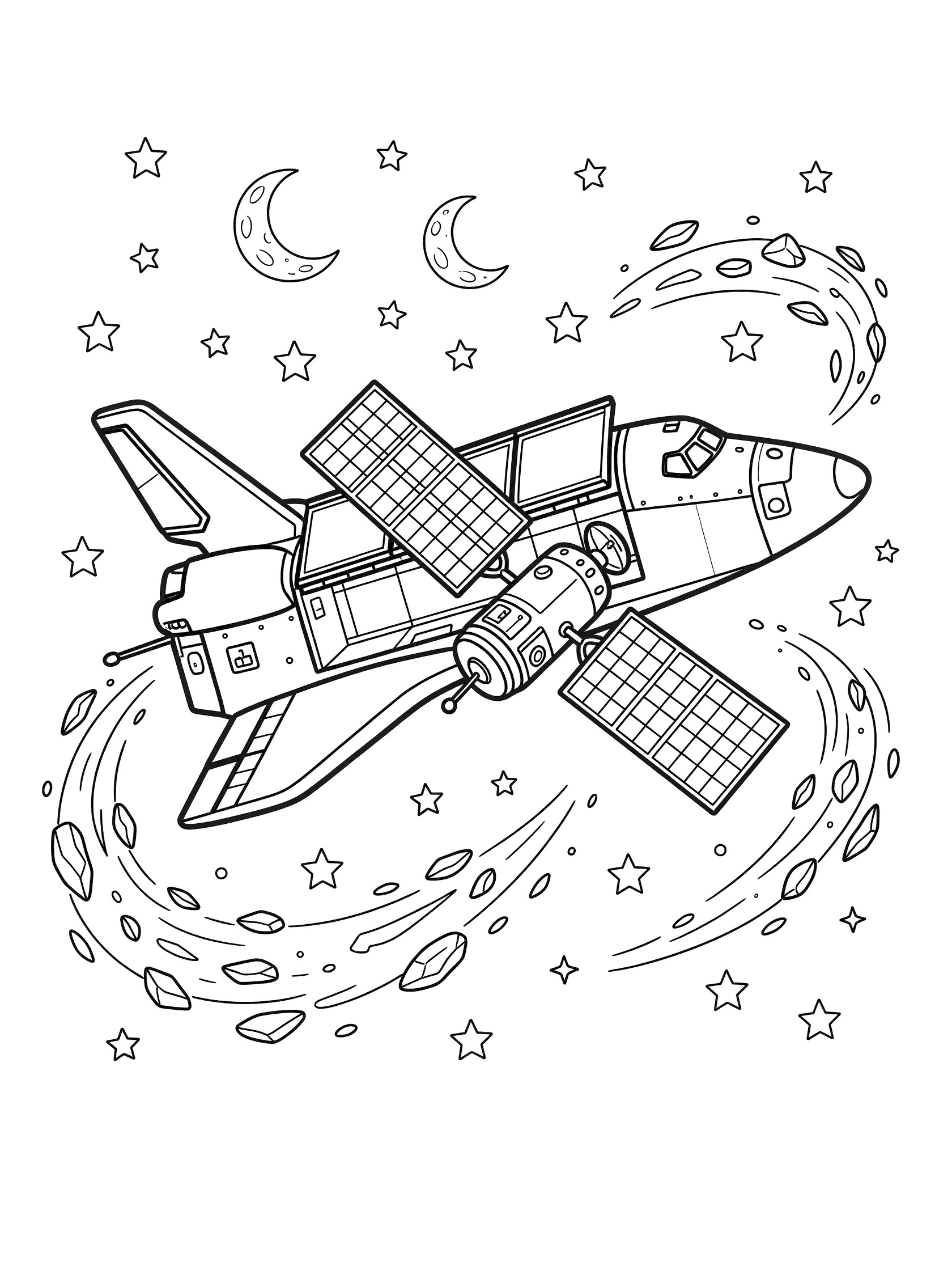 Black-and-white coloring page showing a space shuttle deploying a satellite into space with open bay doors, unfolding solar wings, stars, moons, and debris.