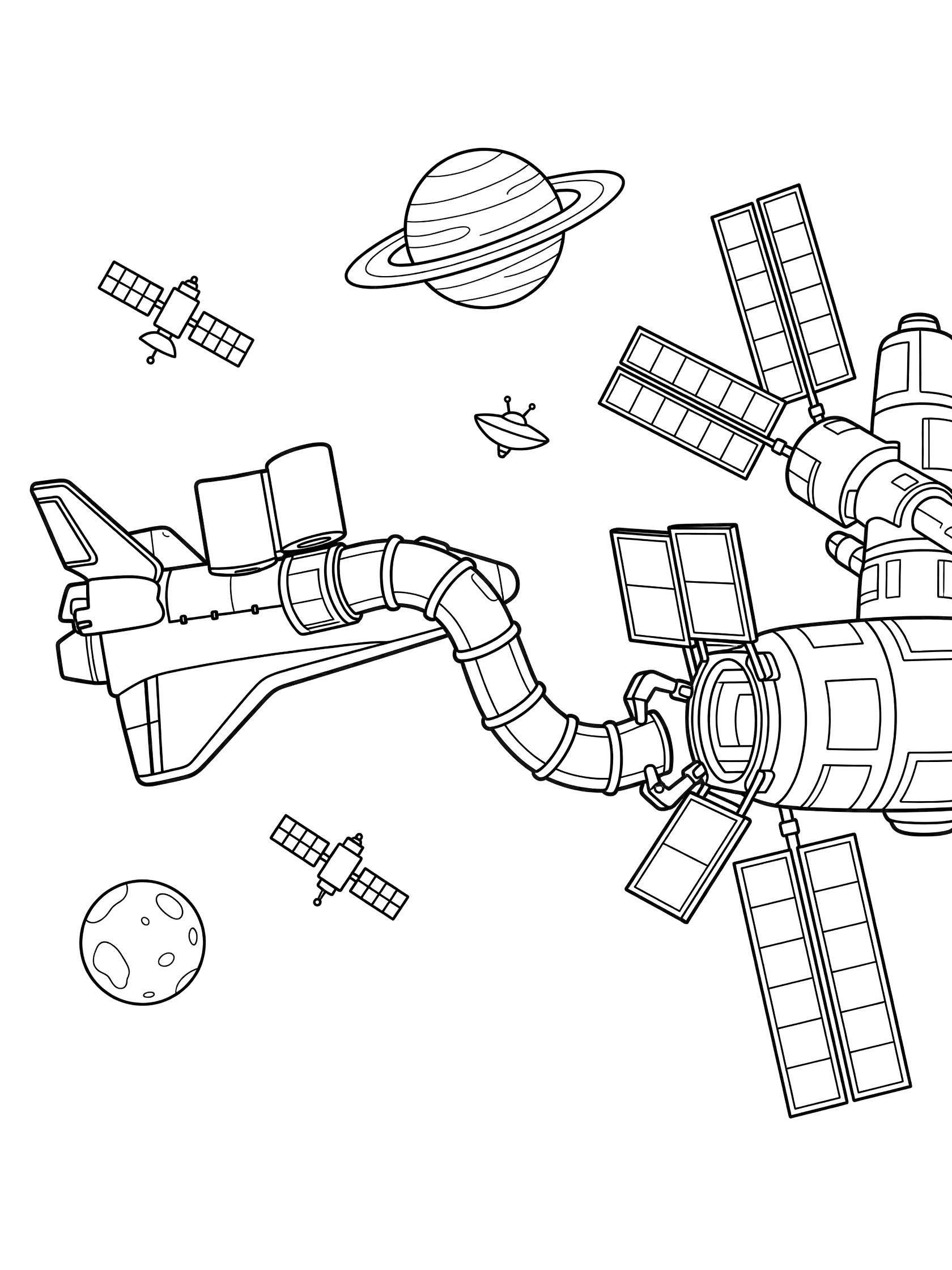 Black-and-white coloring page showing a space shuttle's docking port extending a flexible tunnel to a space station, with nearby planets and satellites.