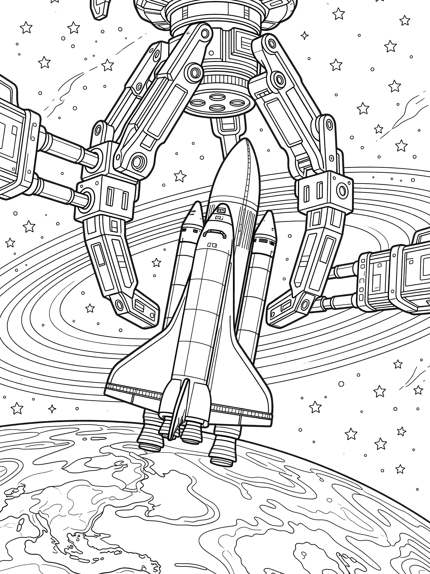 Detailed coloring page showing a docking port with huge mechanical clamps holding a rocket shuttle during connection, high above Earth with stars and orbital rings.
