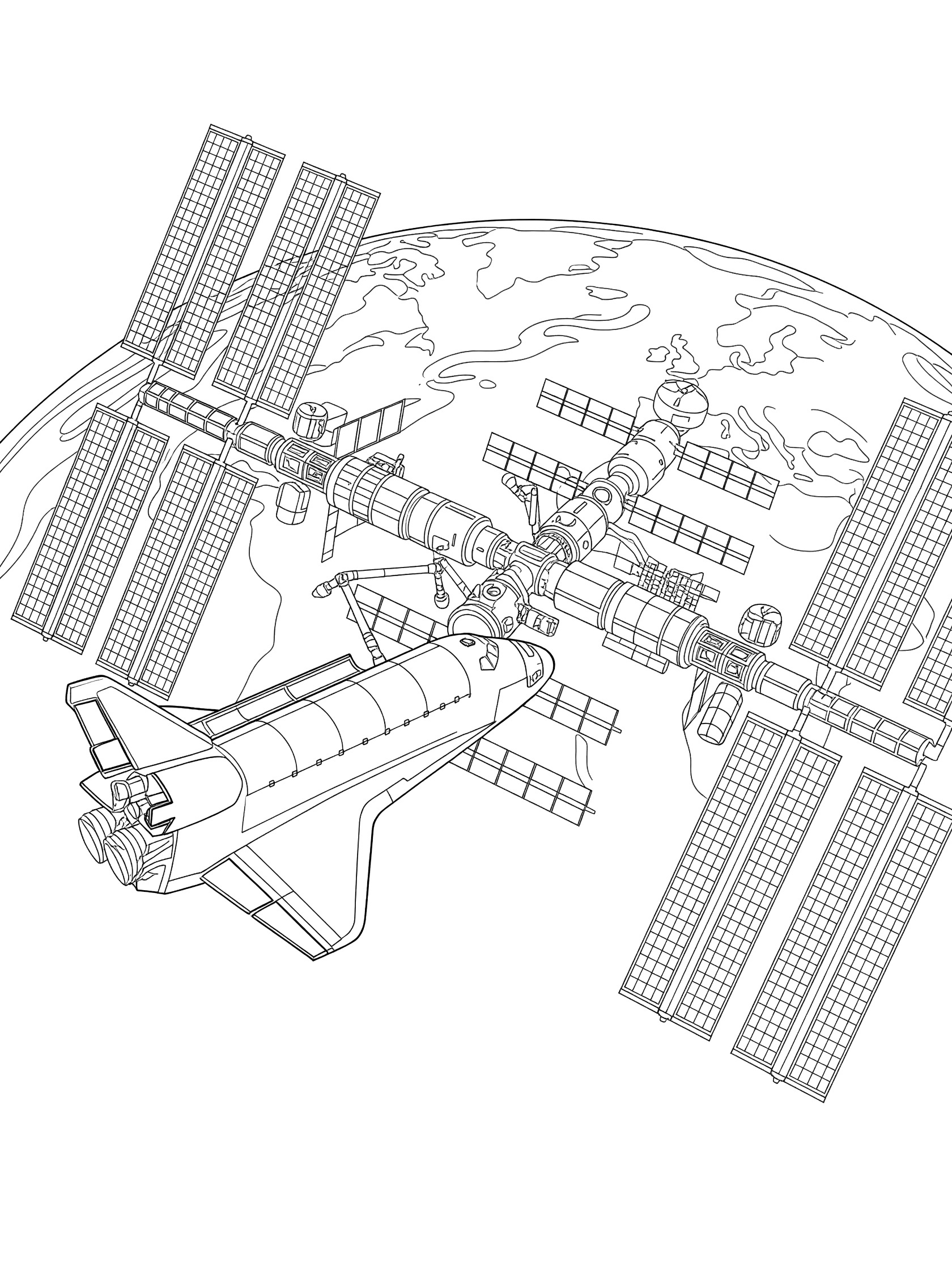 Black and white line art of space shuttle approaching space station with extended robotic arm, solar panels, antennas, and curved Earth below.