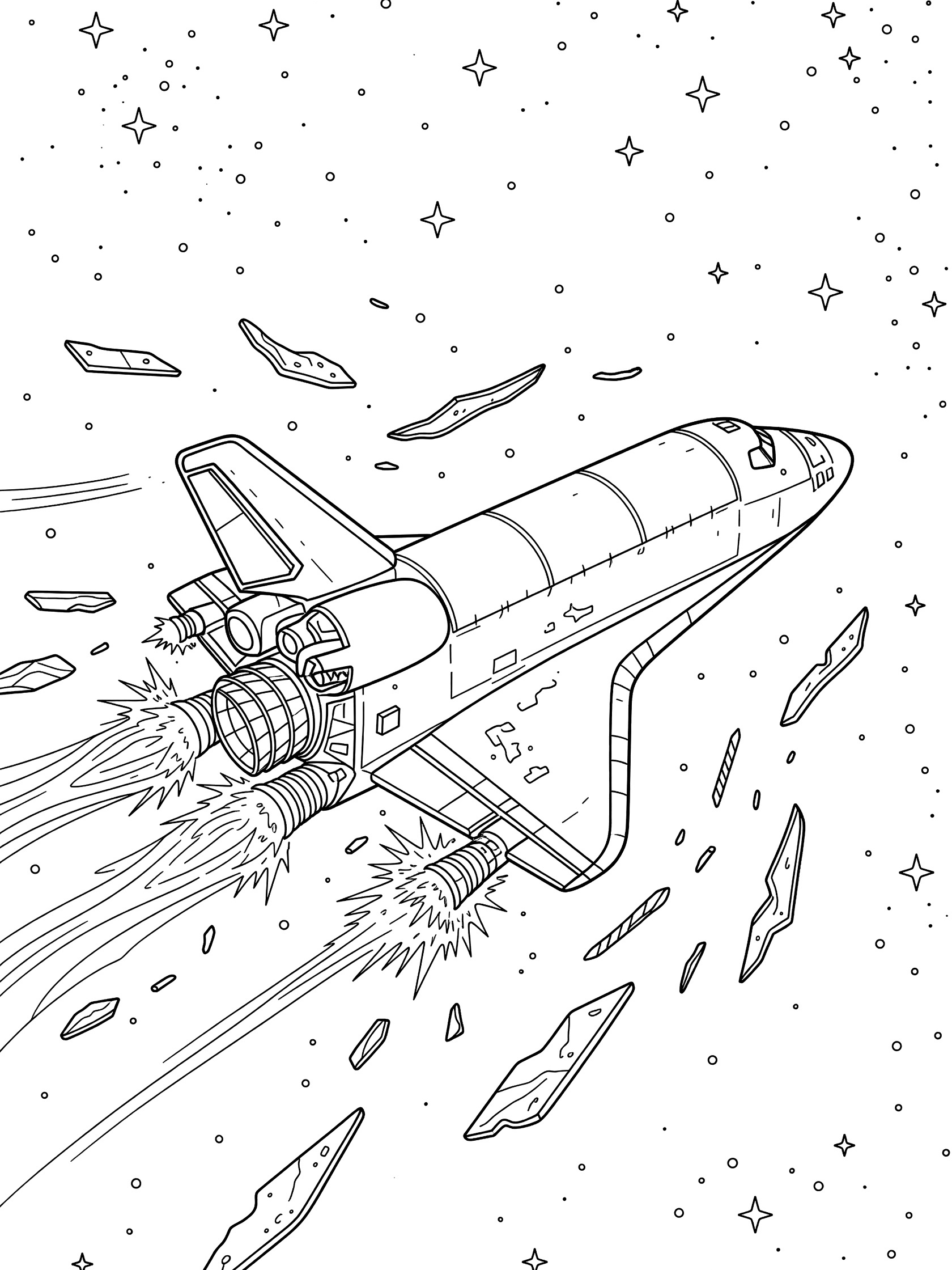 Printable coloring page of a space shuttle engine nozzle with vectoring vanes and exhaust firing small thrusters in orbit among stars and debris