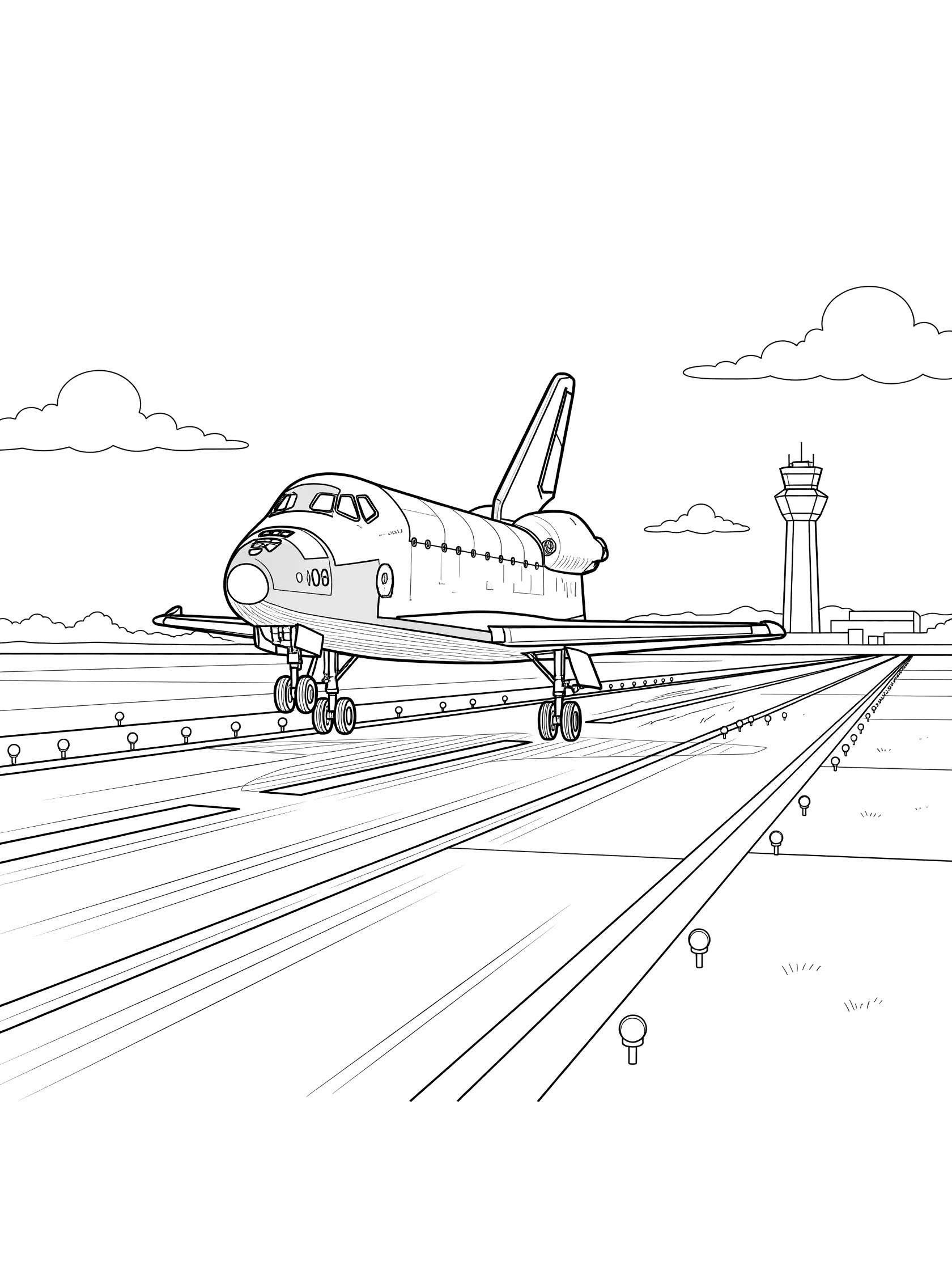 Line art coloring page showing a space shuttle dramatically landing on a runway with landing gear down, wings angled, runway lights, tire marks, control tower, and sky with clouds.