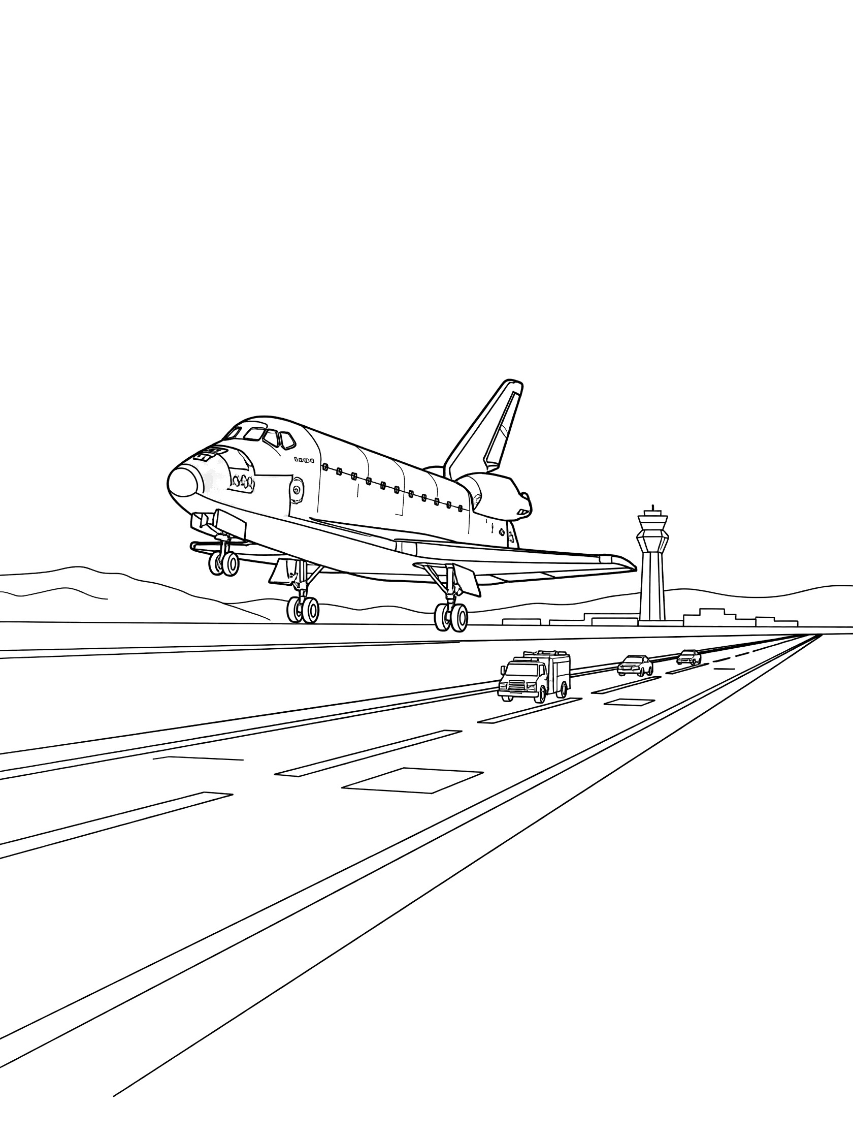 Black-and-white coloring page of a space shuttle landing on a runway, wings tilted, landing gear down, with chase vehicles and control tower