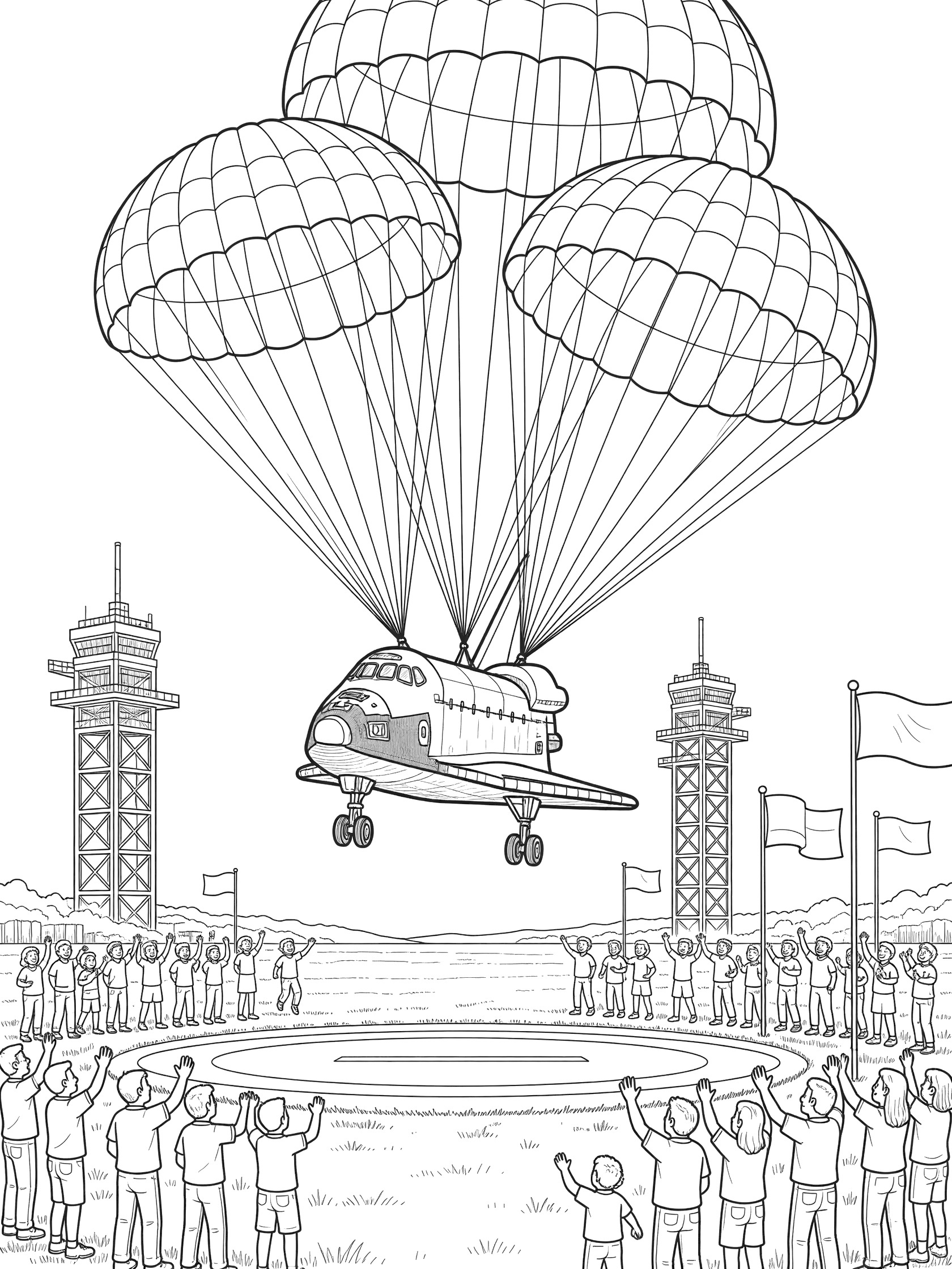 Black-and-white line art coloring page showing a space shuttle descending to a grassy pad on multiple large parachutes, with deployed landing gear, control towers, fluttering flags, and crowds cheering.