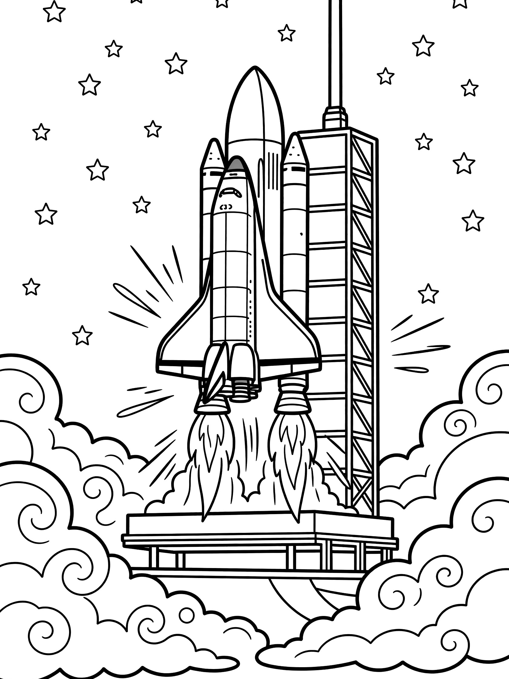 Black and white line art coloring page of a space shuttle launching from a pad with engine flames, tall tower, swirling clouds at base, and stars above