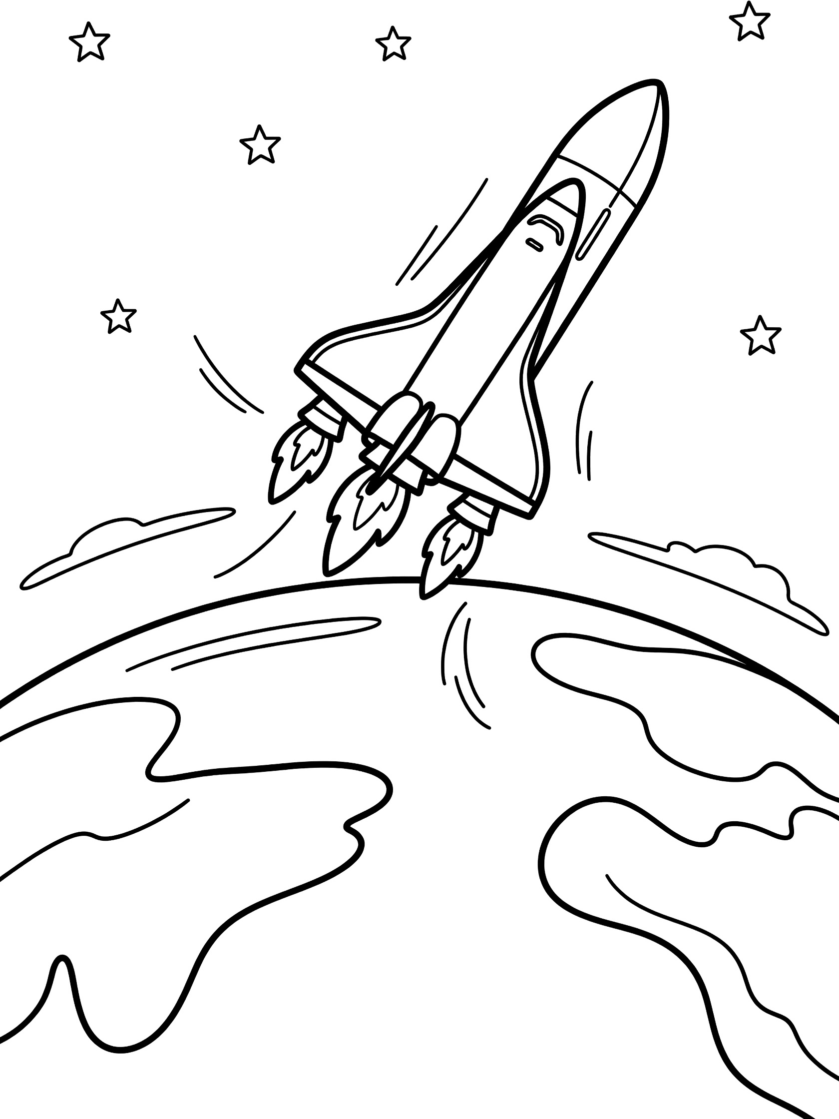 Printable coloring page showing a shuttle nose cone separating from the main body mid-flight, small boosters firing, curved Earth horizon, wispy clouds and stars in line art.