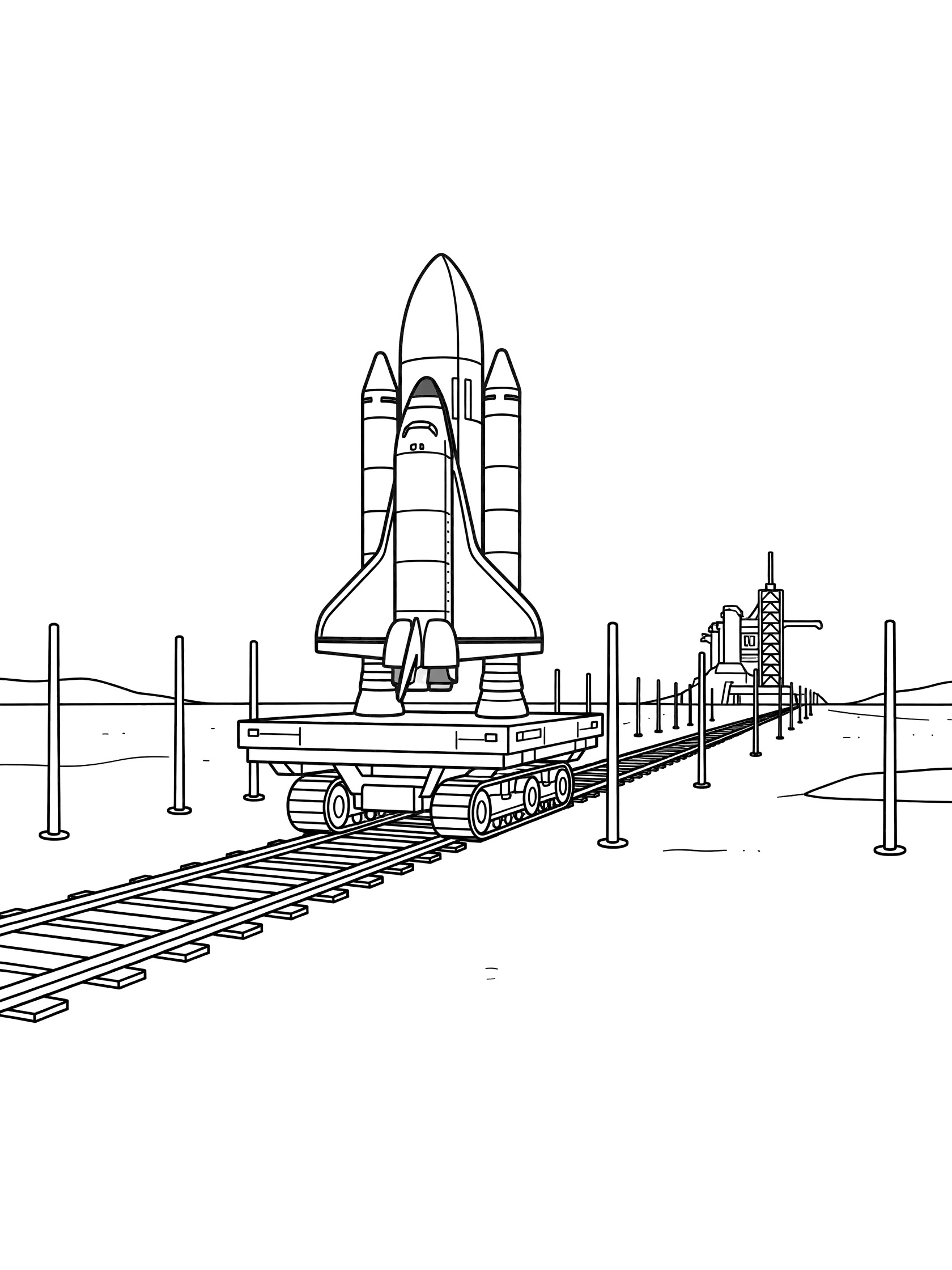 Cartoon line art coloring page showing space shuttle atop crawler-transporter rumbling on tracks with pylons to distant launch pad