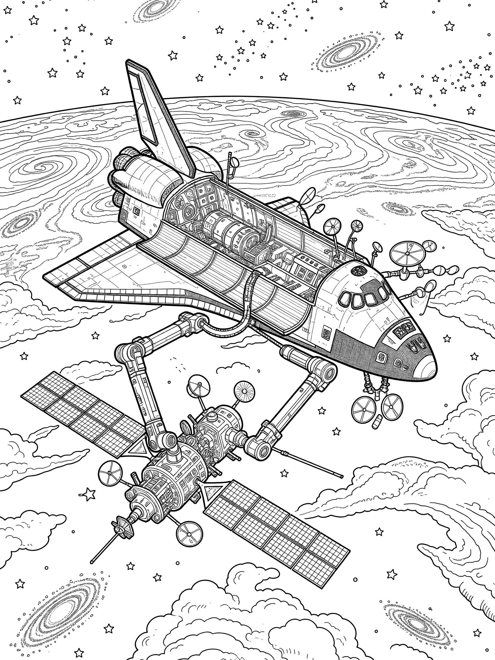 Detailed black-and-white line art of orbiter deploying satellite with robotic arms, open bay doors, solar panels, Earth curve, stars, and galaxies in space.