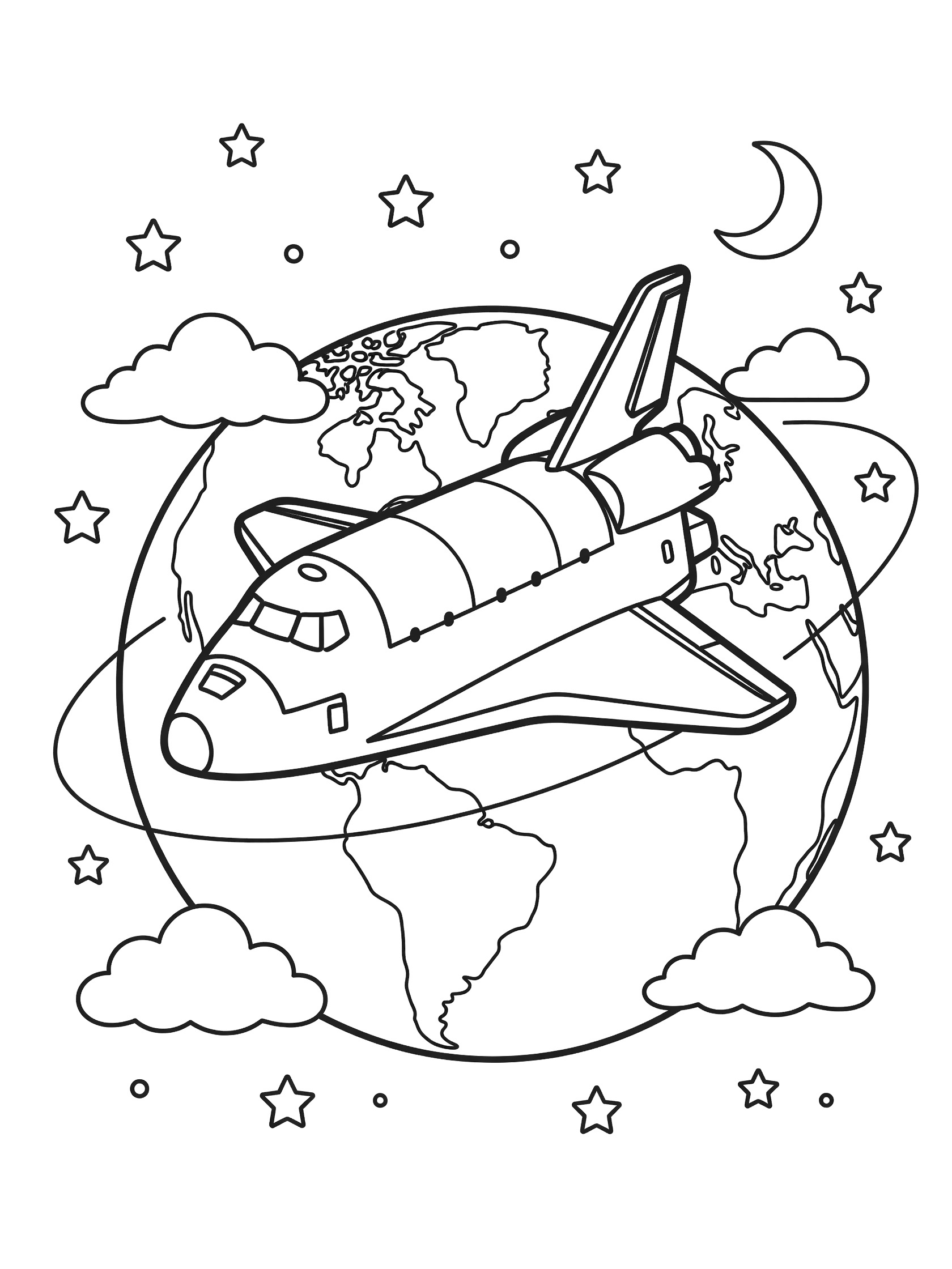 Black and white line art coloring page showing a cartoon space shuttle orbiting a curved Earth with outlined continents, oceans, clouds, stars, and a crescent moon.