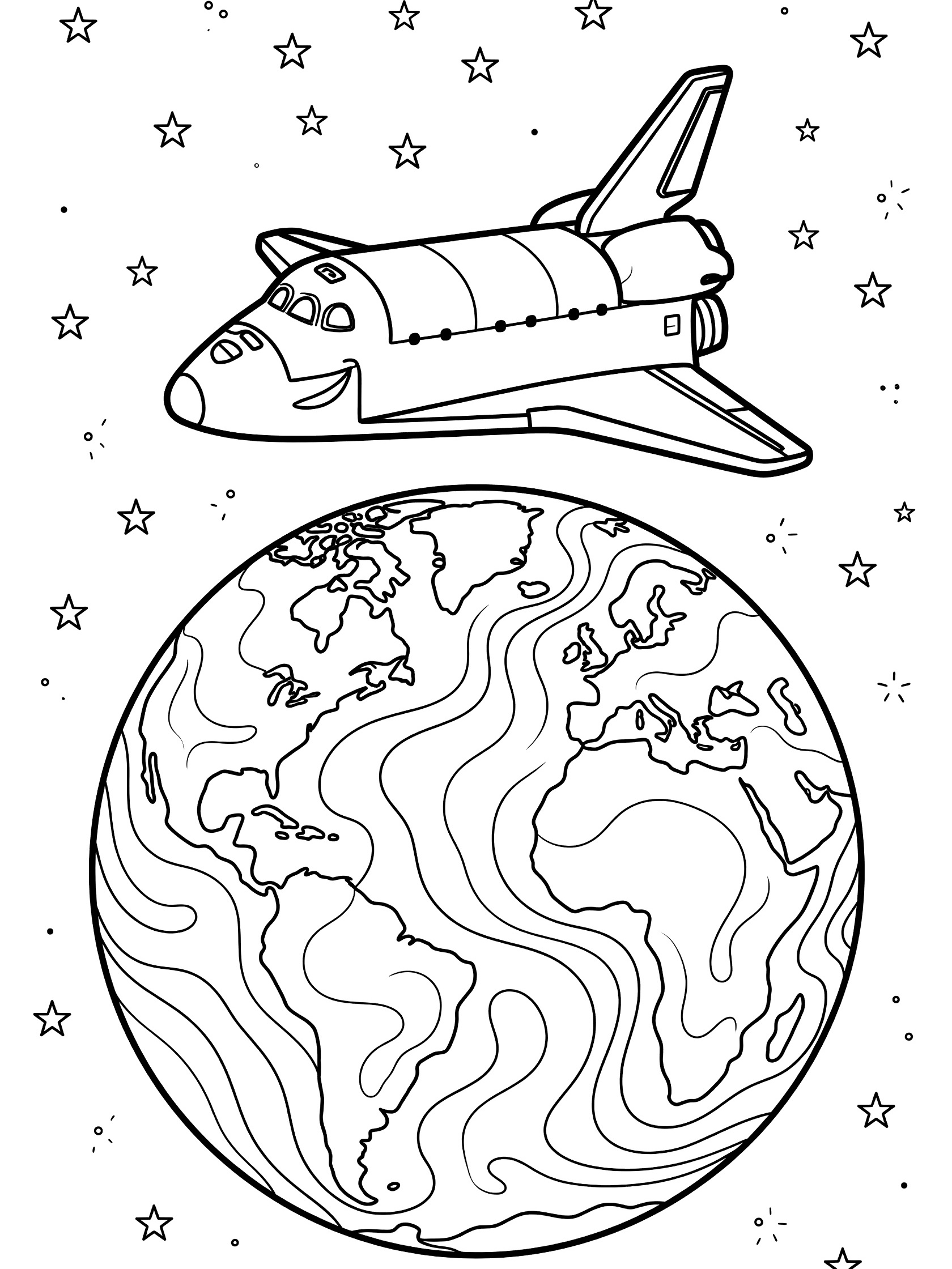 Black-and-white line art of a cheerful space shuttle orbiting above planet Earth, with stars, clouds, oceans, and landmasses