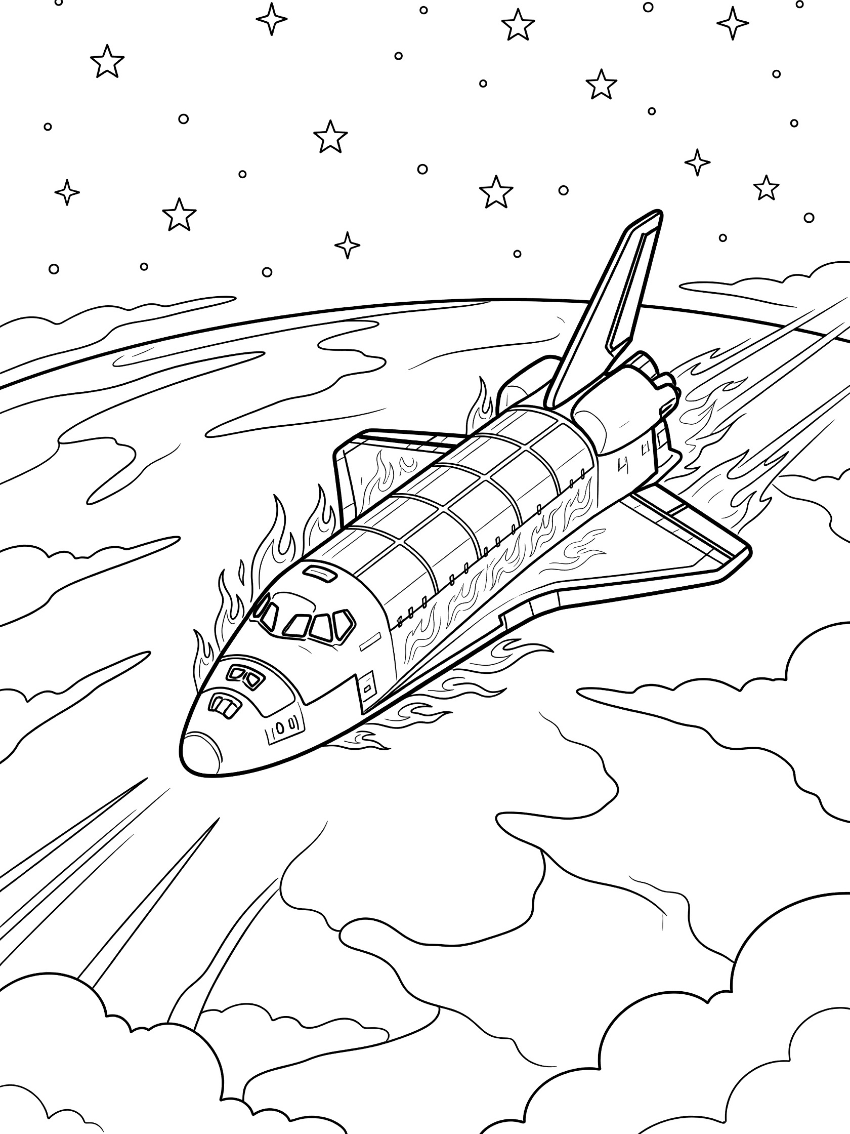Black-and-white coloring page of Space X shuttle in reentry with flames on belly, clouds parting below, and stars fading above