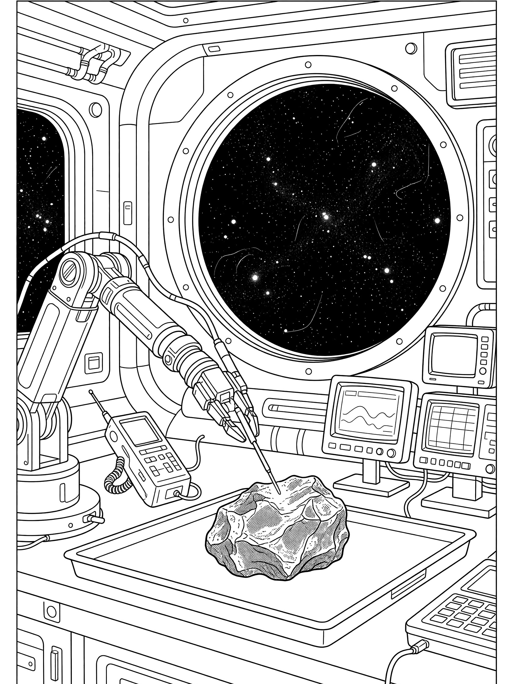 Black and white line art of a thermometer on a robotic arm probing a meteorite sample in a space station lab with starry space view through window, data screens, and metal tray.