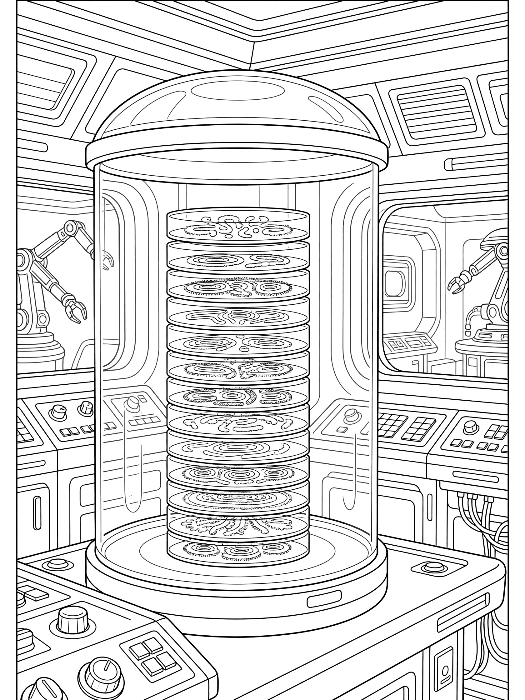 Black-and-white coloring page of stacked petri dishes showing bacteria growth in a transparent incubator on a space station lab table with dials, window, and robot arms.