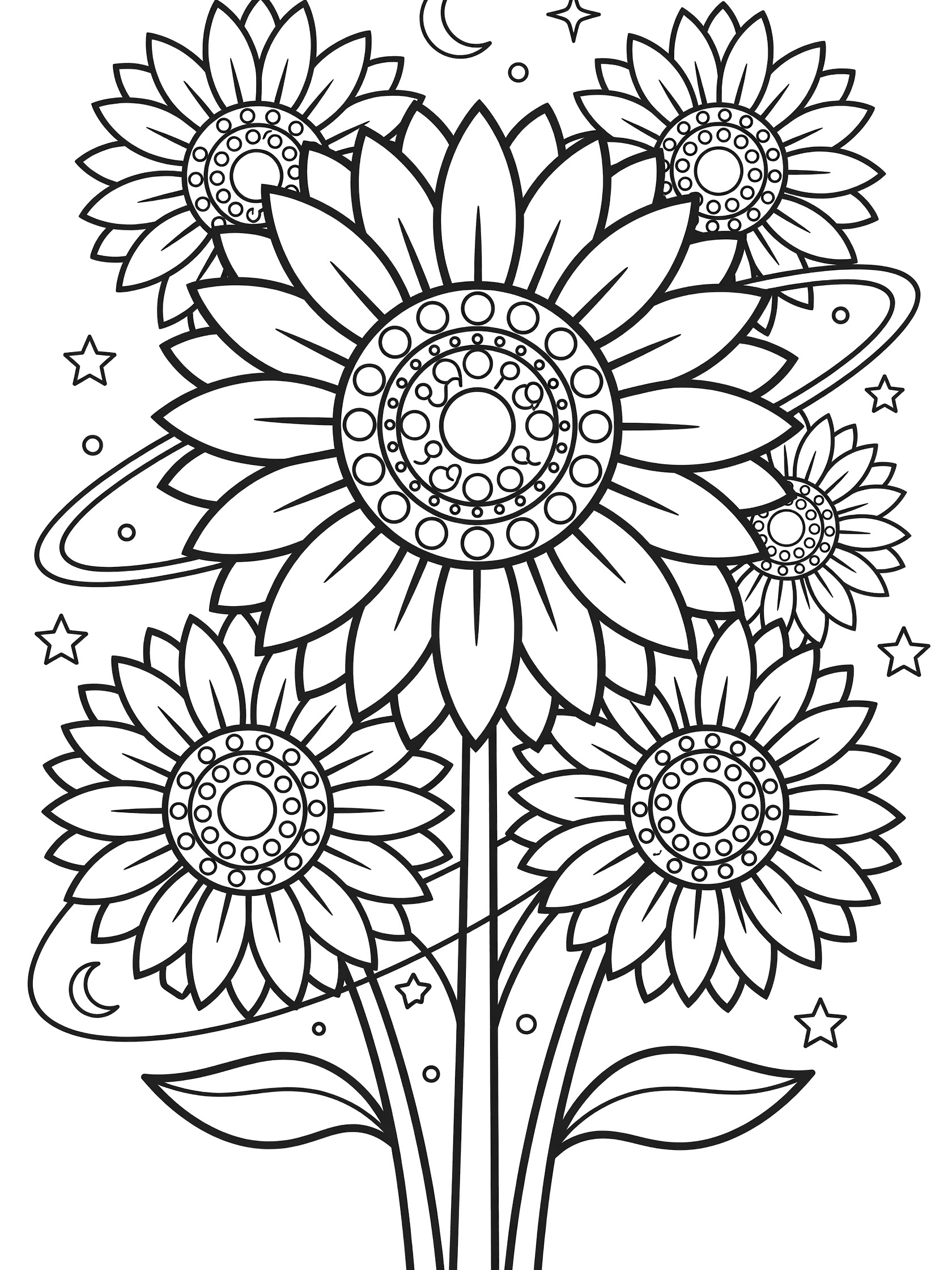 Black and white line art of a bouquet of sunflowers with starry space elements including stars, crescent moon, and orbiting lines around the flowers and stems.