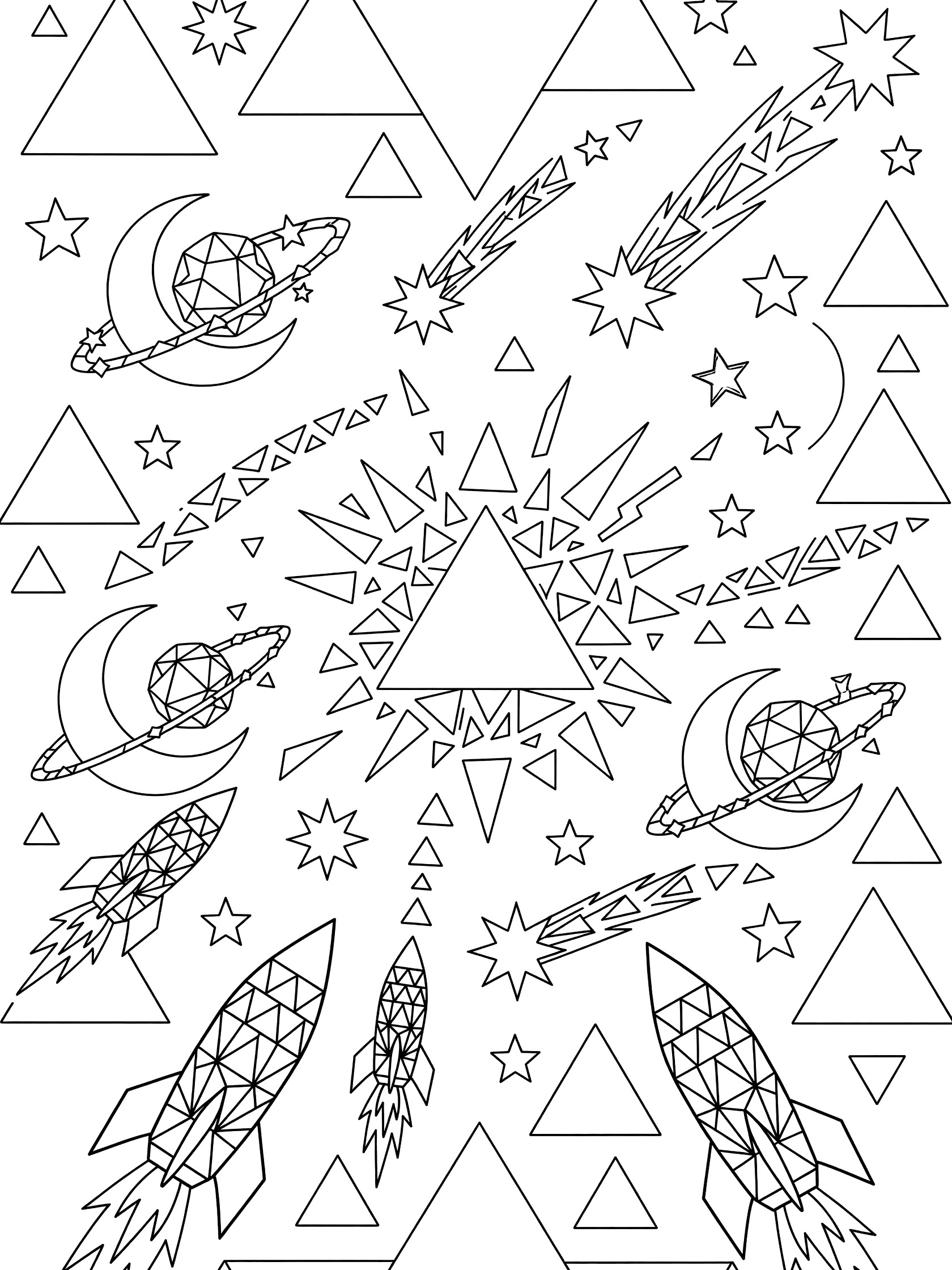 Black and white line art coloring page with geometric triangles creating space scene: rockets blasting off, orbiting moons and planets, comet trails, pointy stars, and exploding supernova in the center.