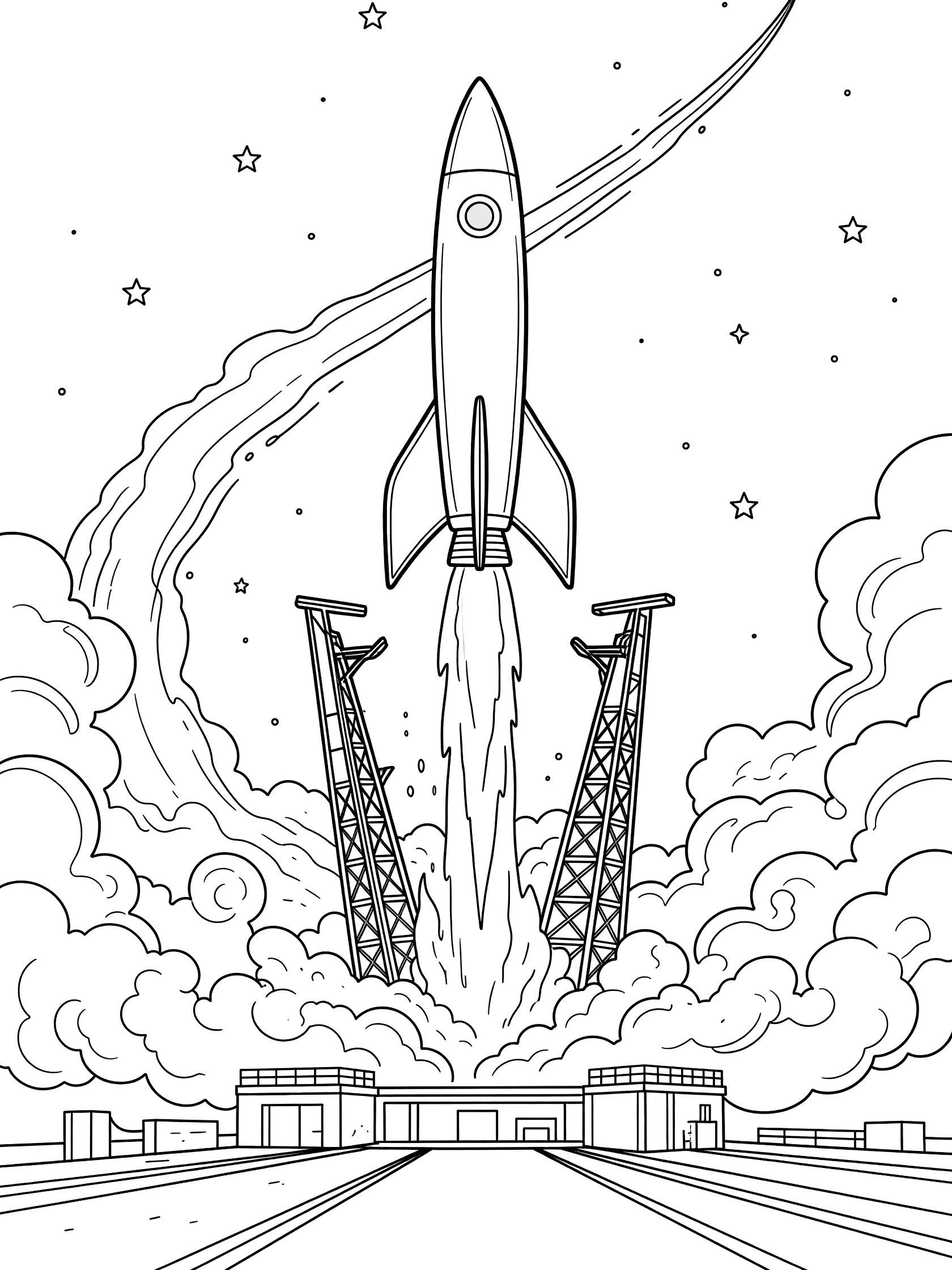 Black and white line art of a Space X rocket launching vertically from a pad with engine flames, smoke trails, support towers, and starry sky.