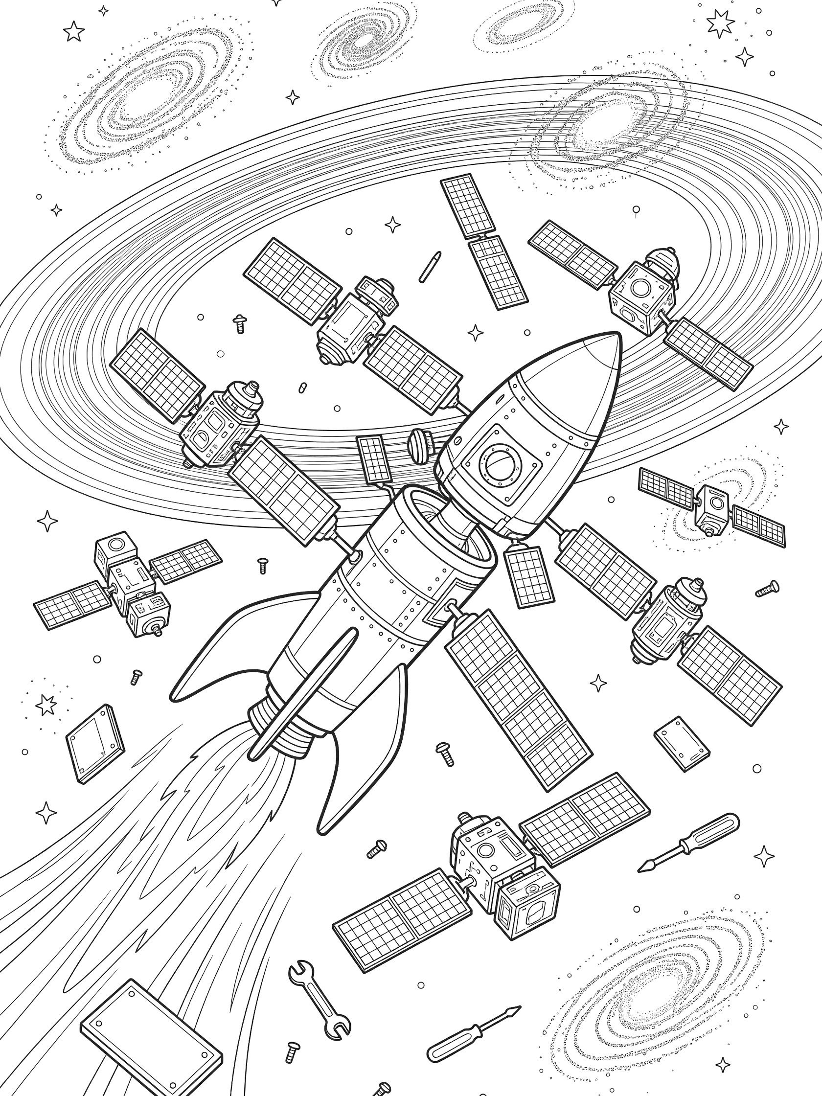 Black-and-white coloring page of a Space X rocket in space releasing a cluster of satellites with solar panels, surrounded by planetary rings, distant galaxies, and floating tools.