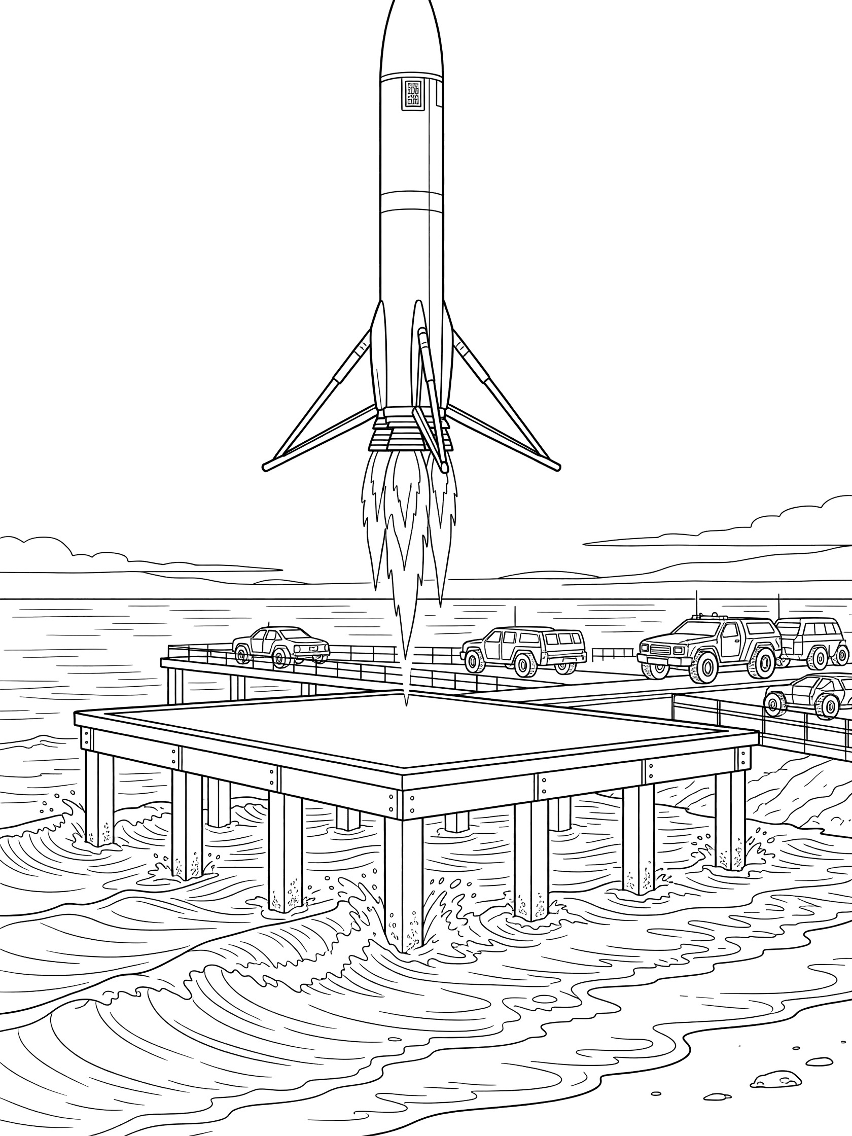 Black and white line art of a Space X rocket descending with legs out, landing on ocean platform at dusk with waves, flames from engines, and waiting vehicles nearby.