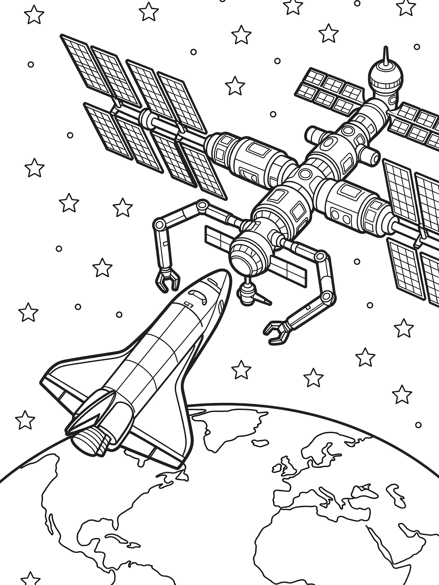 Black and white line art of Space X shuttle approaching space station with robotic arms extending to dock, Earth and stars in background