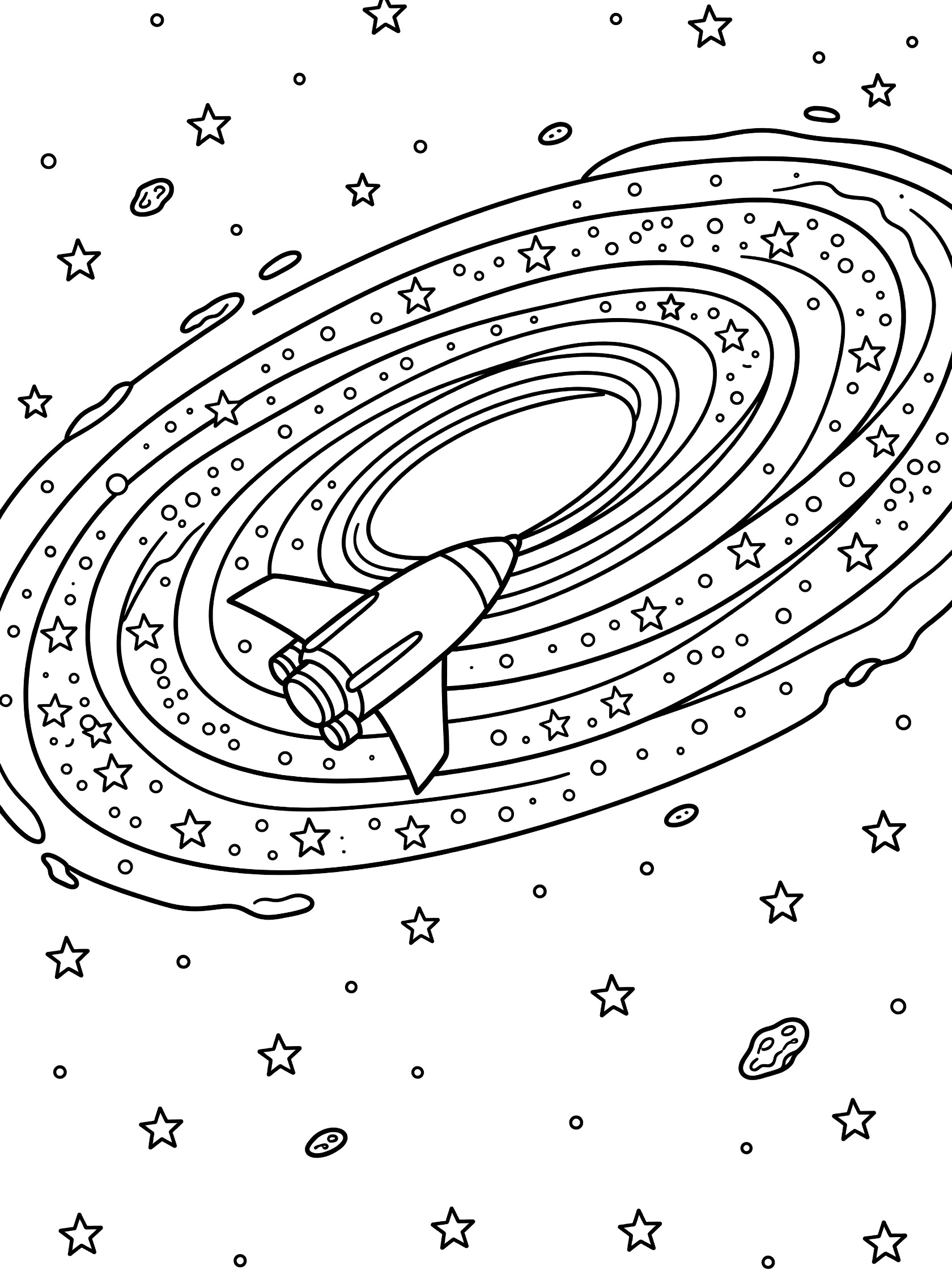 Black and white line art of a spaceship approaching the spiral Andromeda Galaxy surrounded by stars and small asteroids.