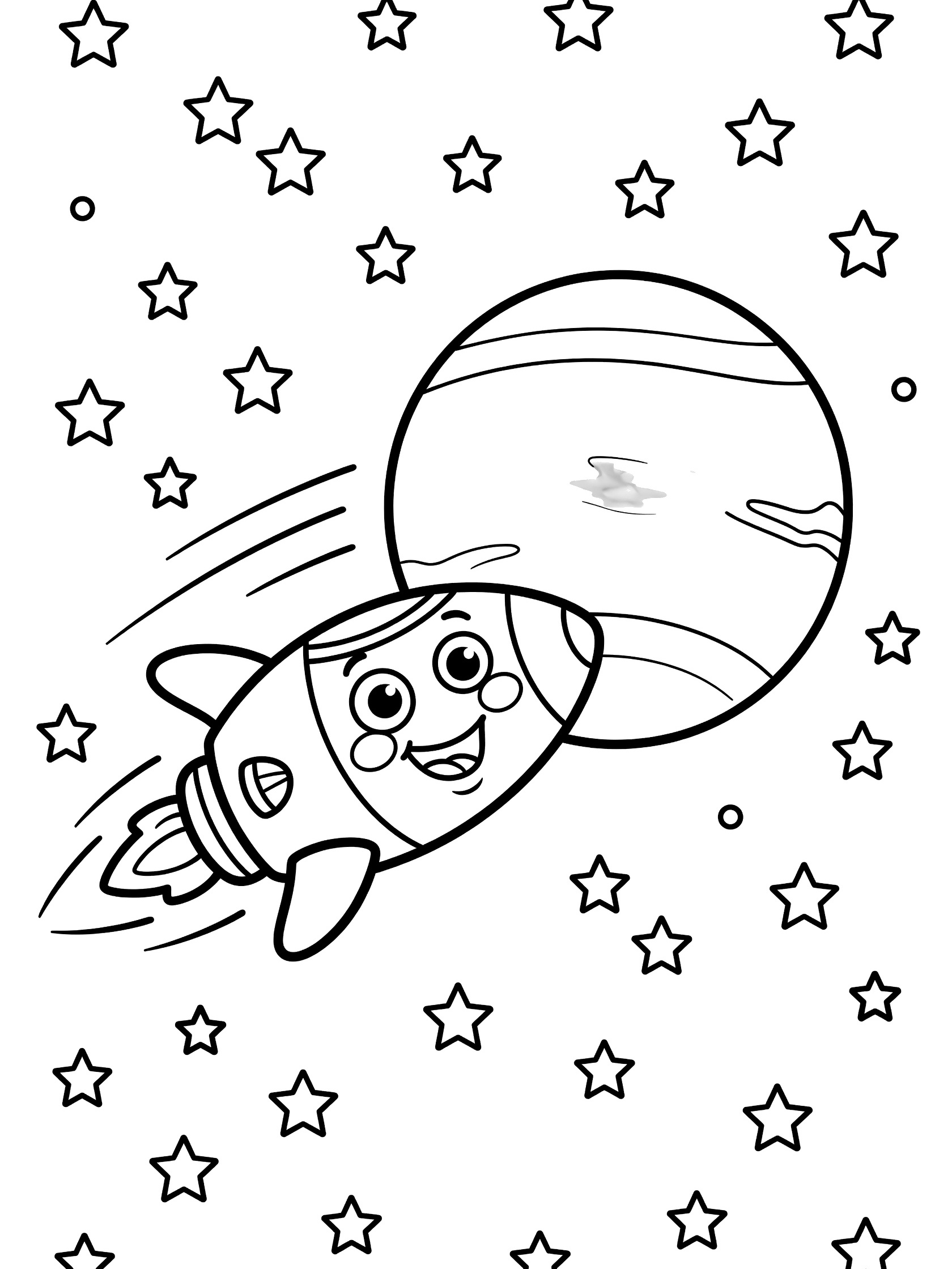 Cartoon spaceship approaching the planet Neptune surrounded by twinkling stars, line art coloring page