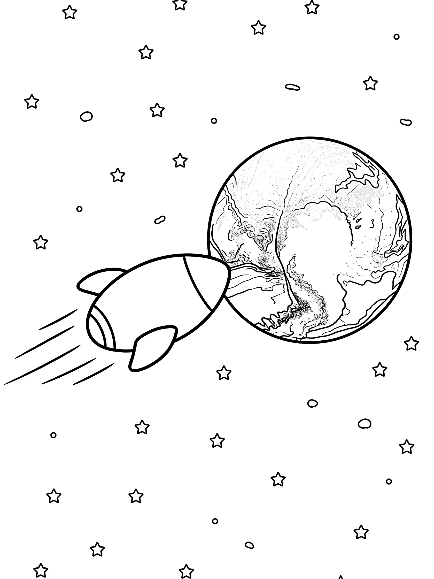 Black and white line art coloring page showing a cute spaceship approaching a detailed planet with icy-looking surface and stars in the background. Pluto themed black and white printable line art