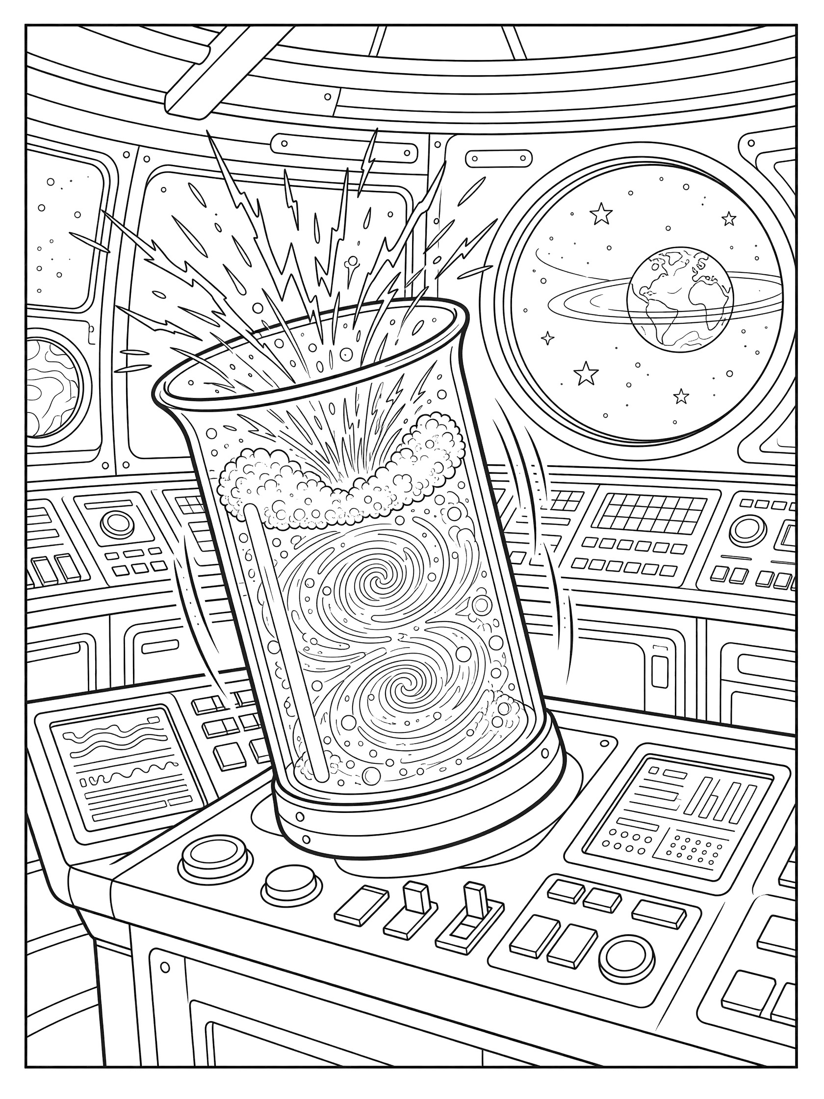 Black and white line art of a beaker shaking on a spaceship science console with bubbling reaction, sparks, buttons, screens, and orbiting planet view.