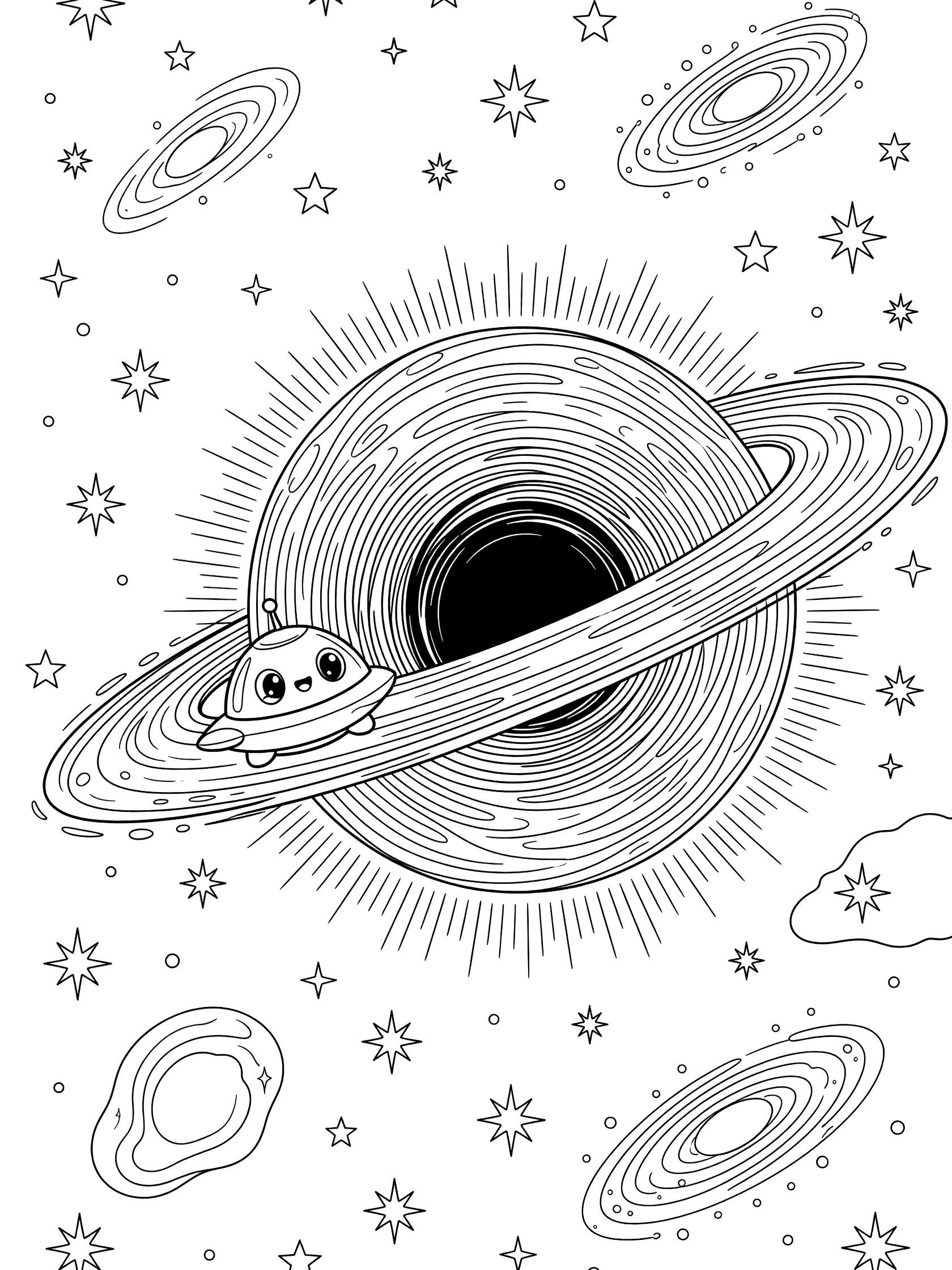 Black and white line art coloring page of a cute spaceship maneuvering around a swirling black hole with glowing disk, stars, planets, and galaxies in deep space.