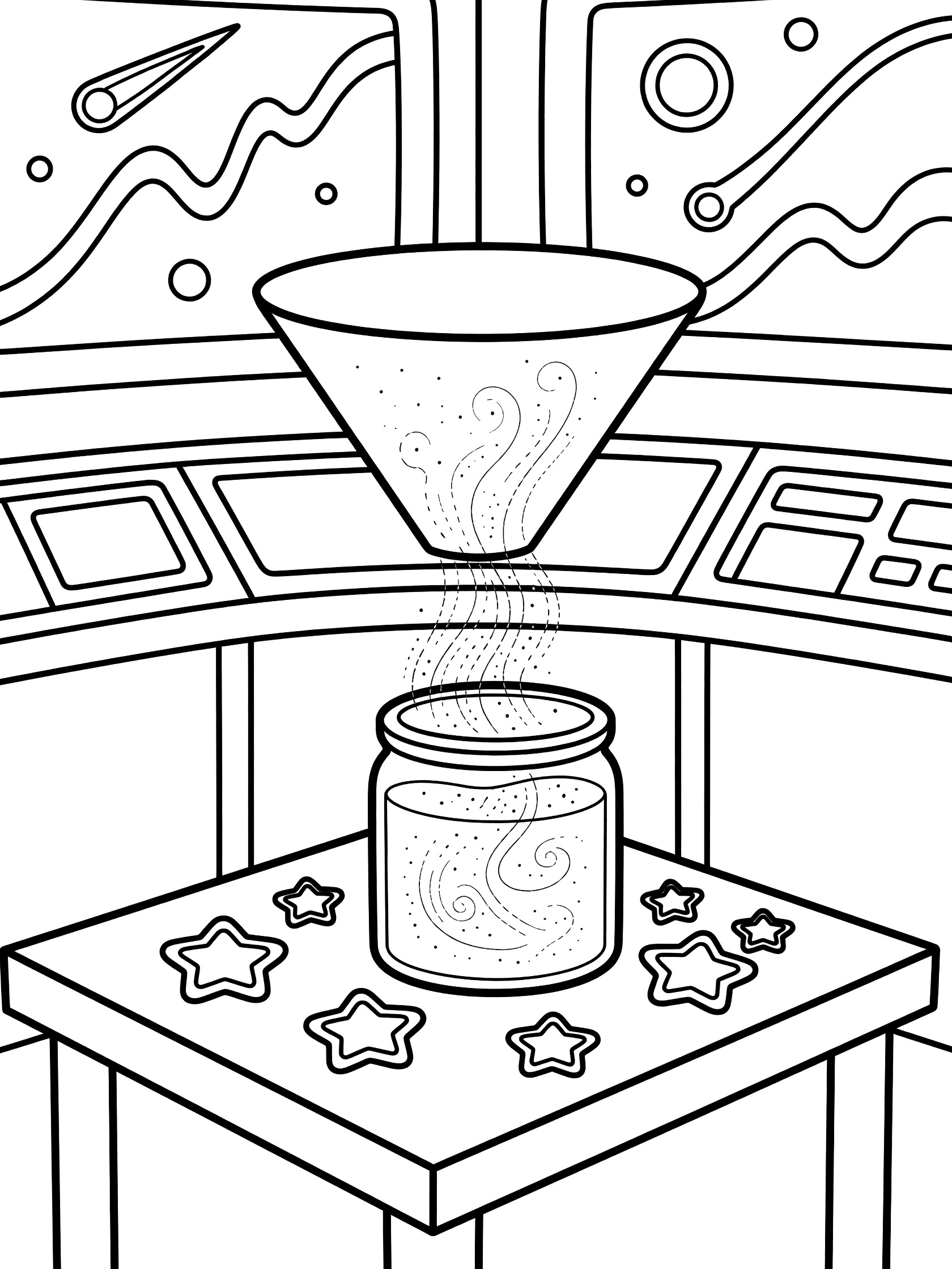 Black and white line art coloring page showing a wide funnel filtering fine cosmic dust swirls into a collection jar on a table, surrounded by spaceship control panels with meteor charts and scattered star shapes.
