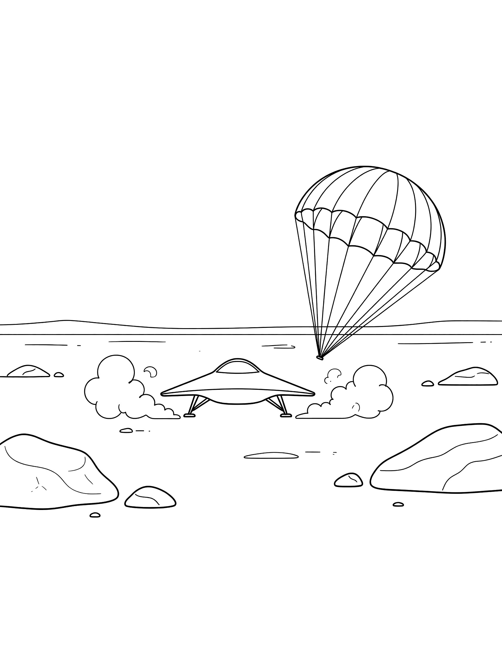 Black-and-white line art of a spaceship landing on Mars with dust clouds, rocks, parachute, and horizon
