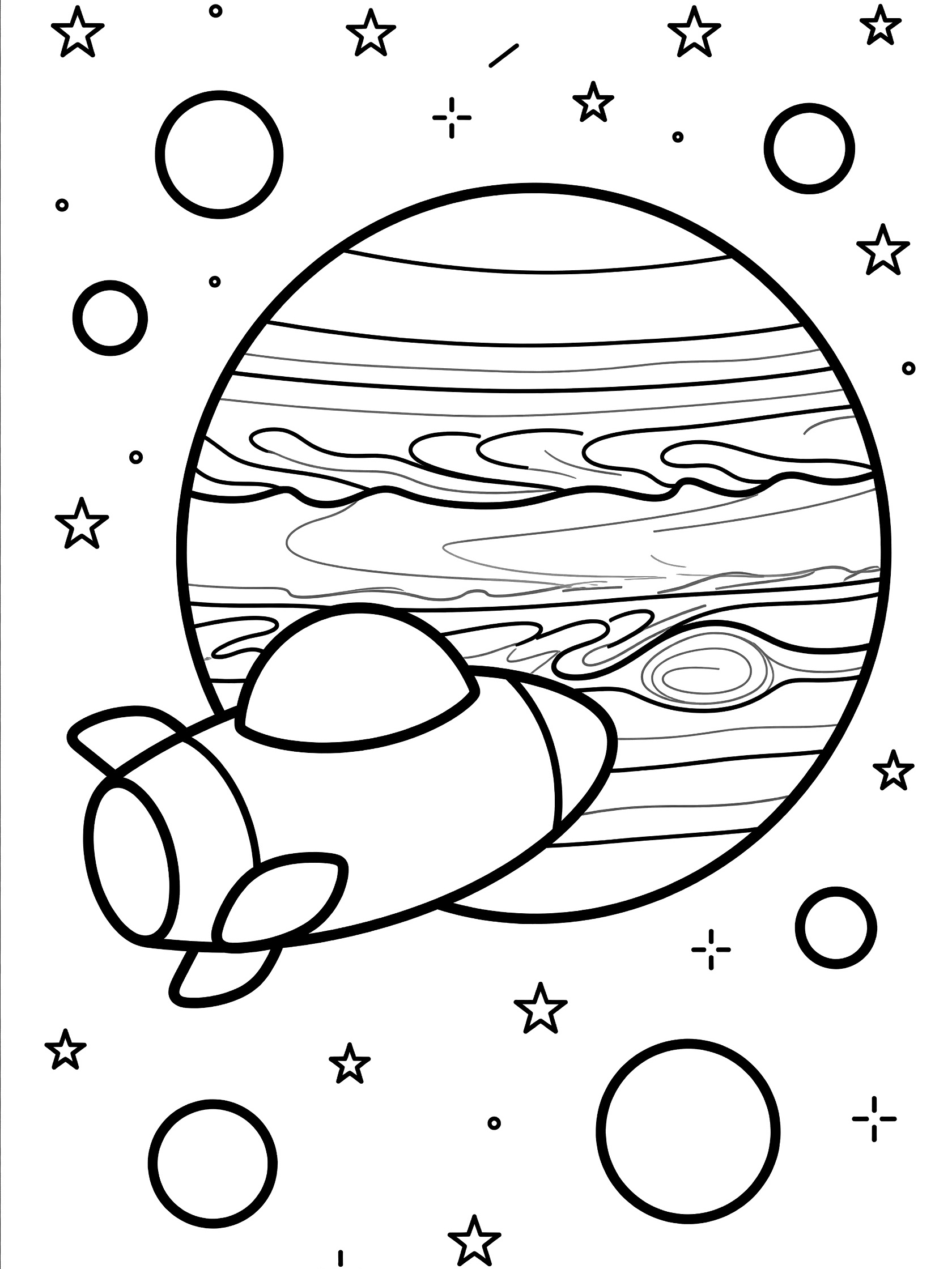 Line art coloring page showing a sturdy spaceship circling banded Jupiter with Great Red Spot, four large moons, and scattered stars on white background
