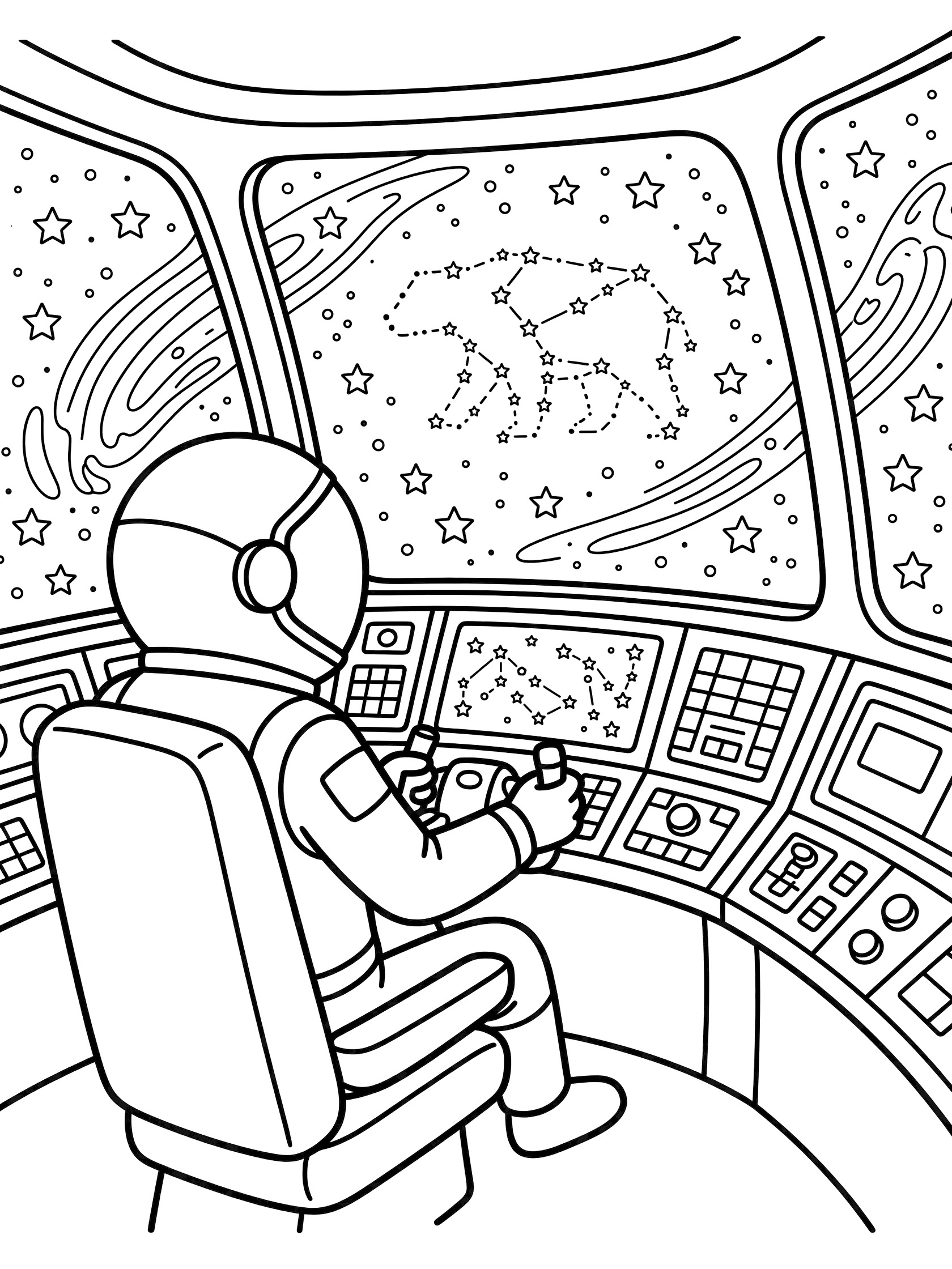 Line art coloring page showing astronaut pilot at controls in spaceship cockpit viewing Ursa Major bear constellation in starry galaxy with control panels and star maps.