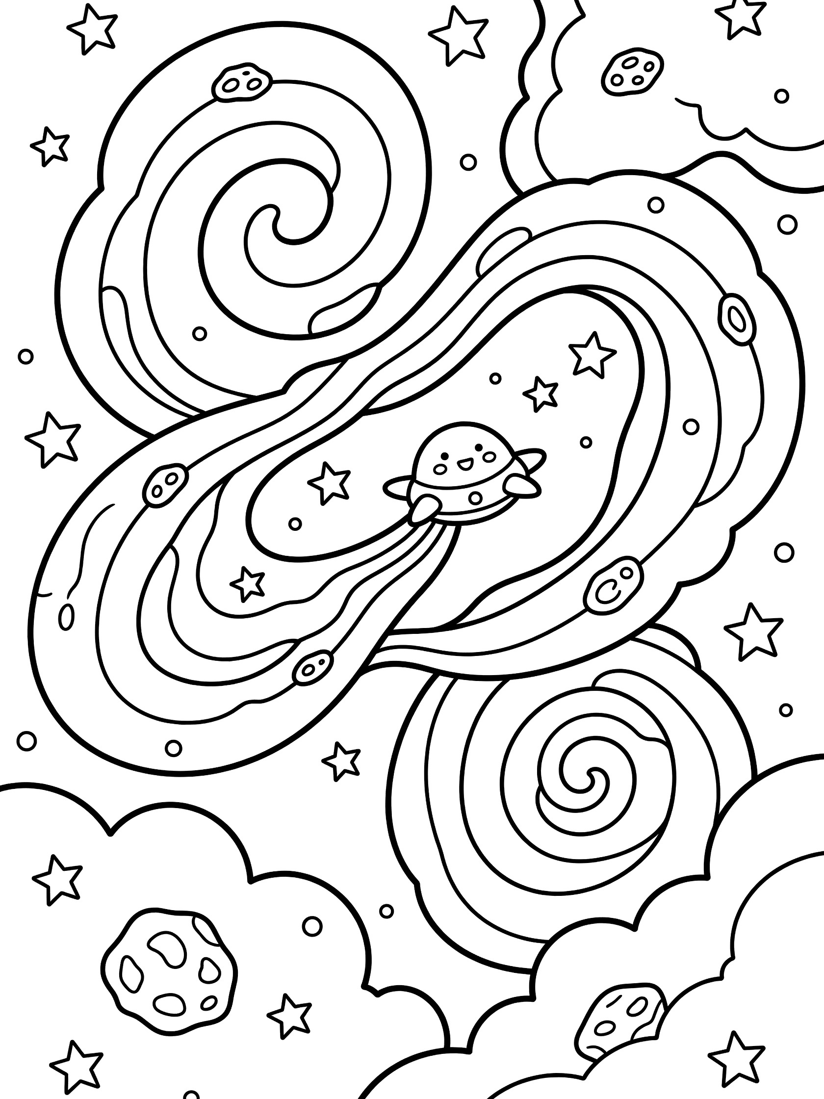 Cute cartoon spaceship flying through swirling nebula clouds surrounded by stars and small asteroids, clean line art coloring page