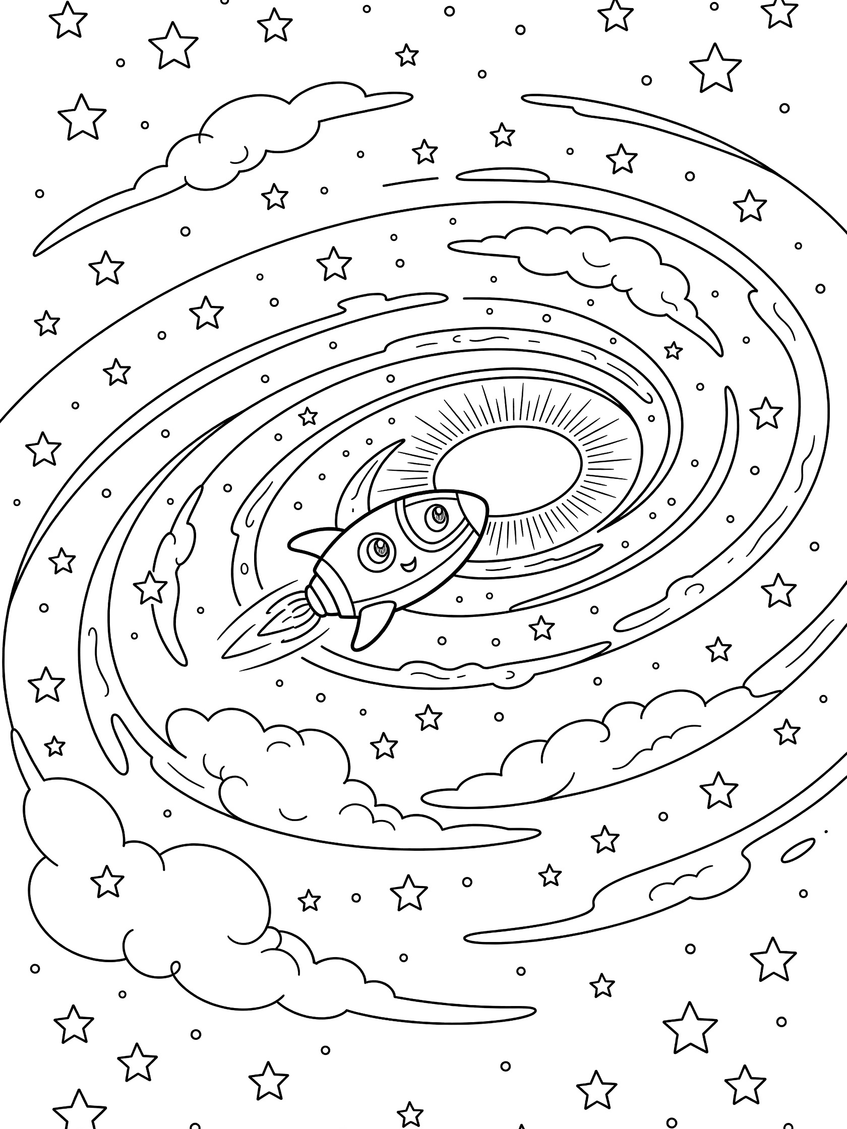 Cartoon spaceship dashing through the glowing spiral arms of the Milky Way galaxy coloring page, with scattered stars, wispy clouds, and shining core