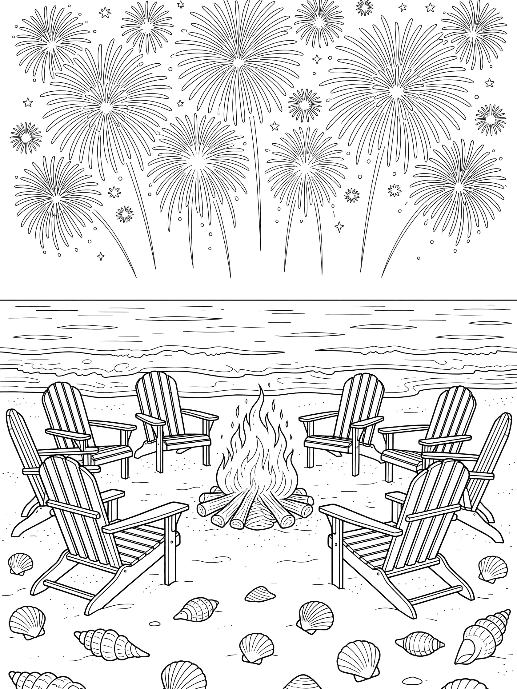 Black and white line art coloring page showing fireworks over a beach bonfire surrounded by chairs and seashells with ocean waves.