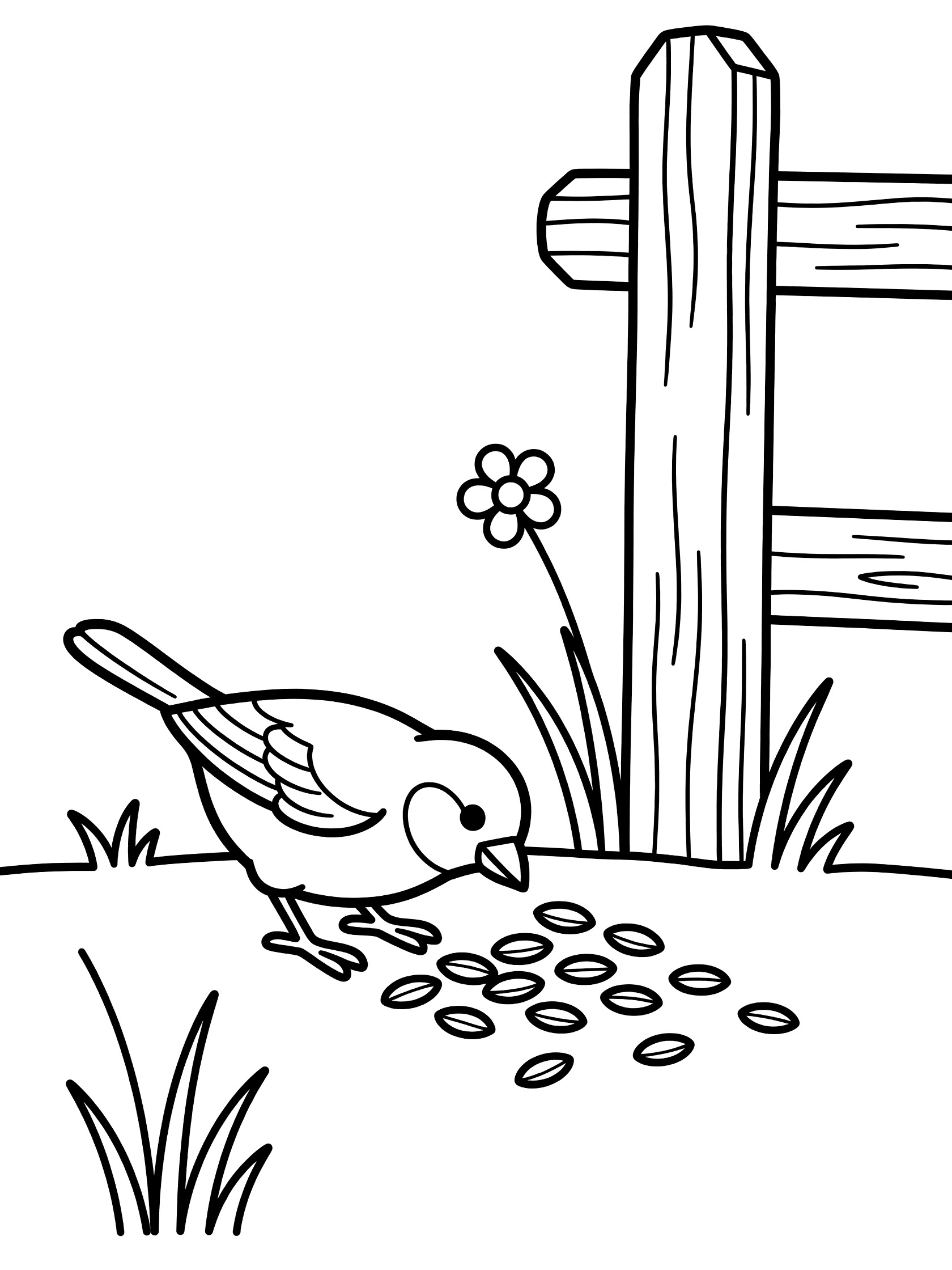 Black and white line art coloring page showing a small bird pecking scattered seeds near a wooden fence post, with grass blades and a simple flower stem.