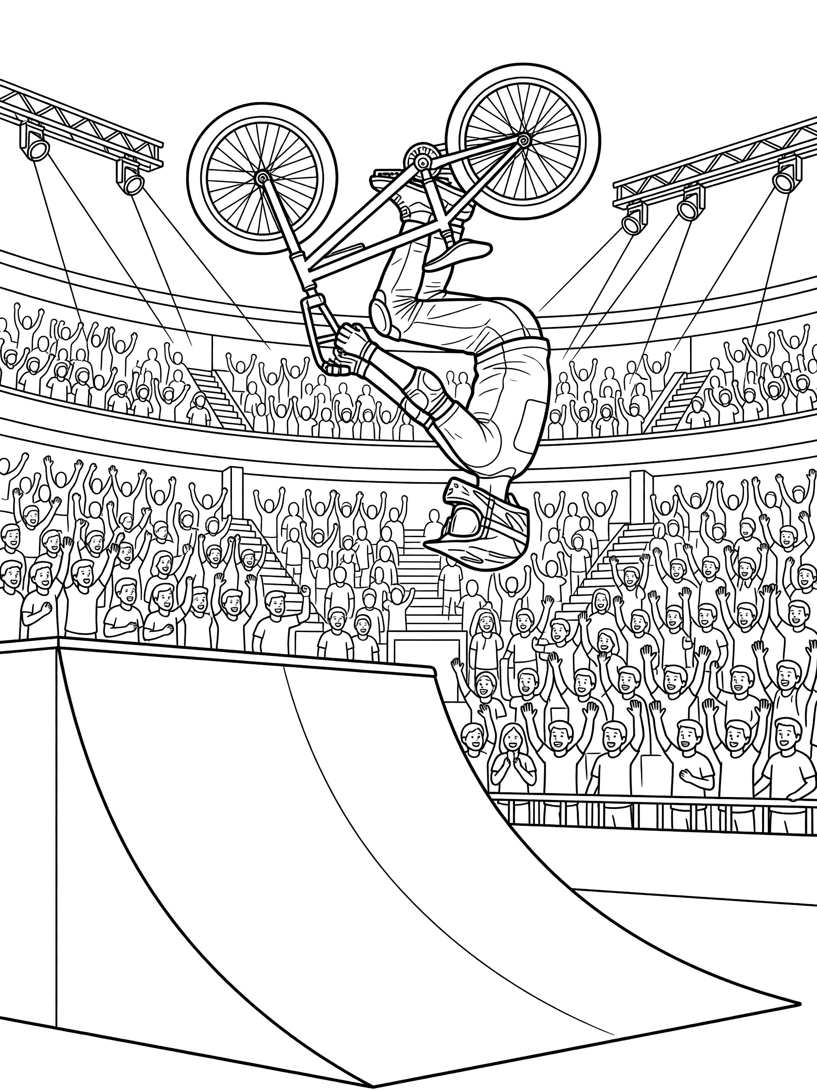 Black-and-white coloring page of a BMX rider doing a backflip above a massive stadium ramp, bike inverted, crowds cheering in stands.