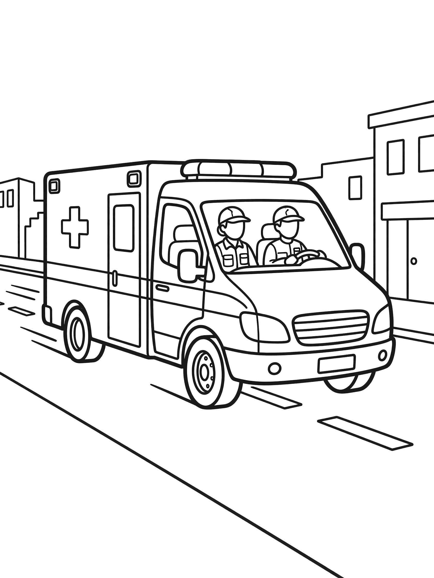 Black and white line art of a speeding ambulance with two paramedics driving on an urban street, medical cross on side and flashing siren.