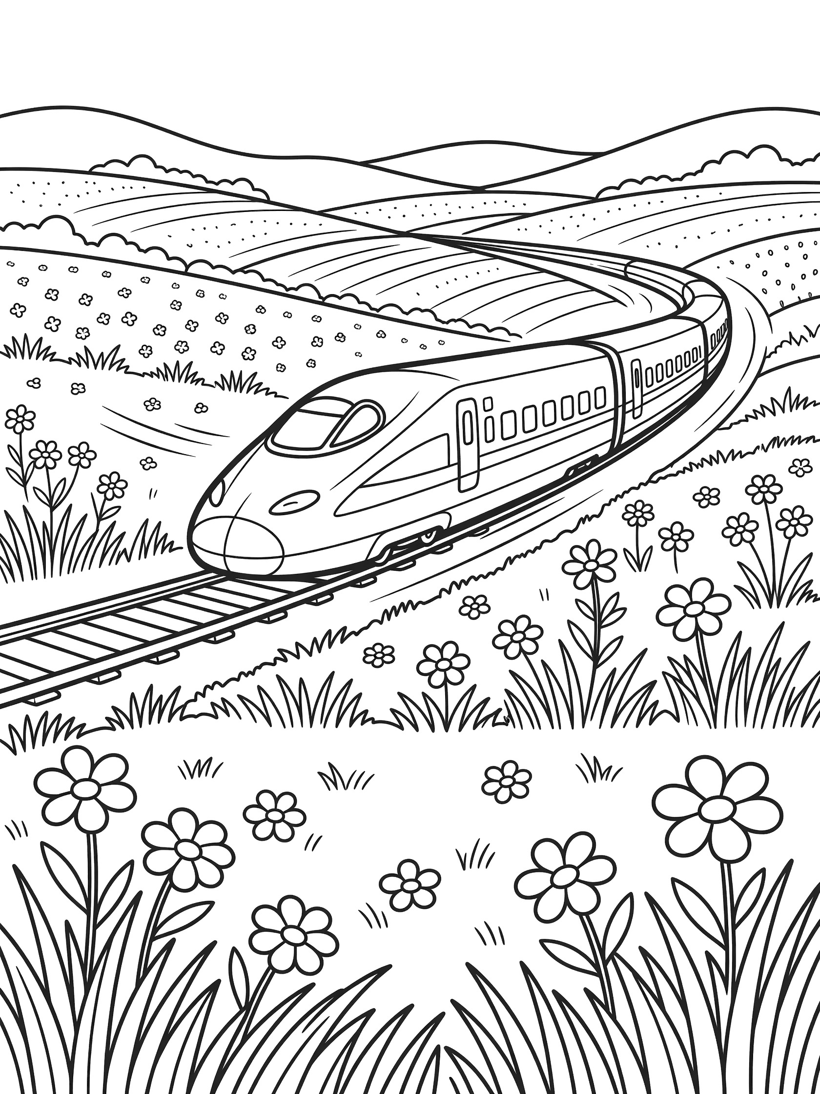 Cute cartoon bullet train racing along curving tracks through rolling hills, tall grass and scattered wildflowers coloring page