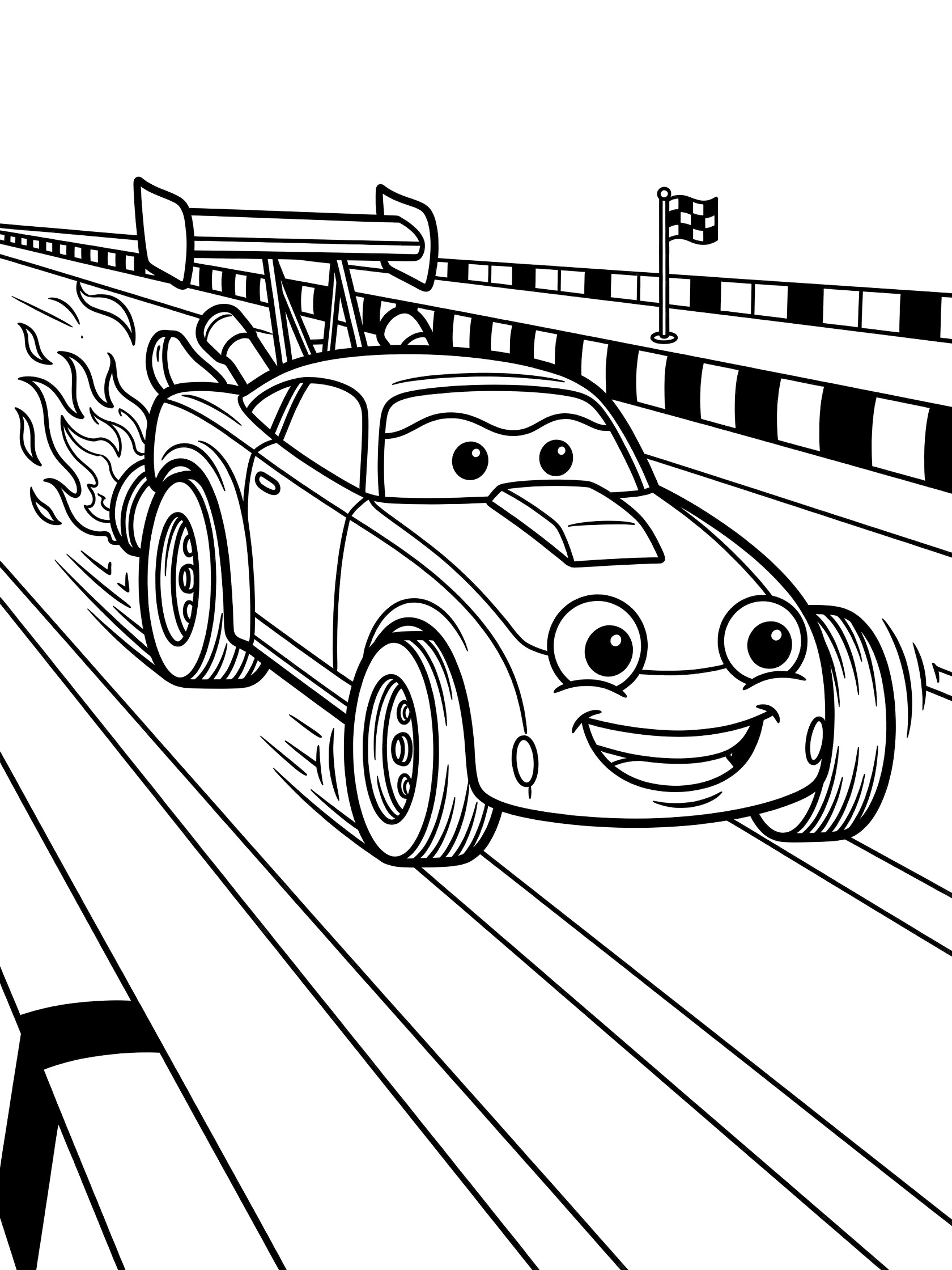 Black and white line art of a cute cartoon dragster race car speeding forward with motion blur on wheels, flames from rear pipes, googly eyes, smiley grille, on a drag strip with barriers and checkered flag.